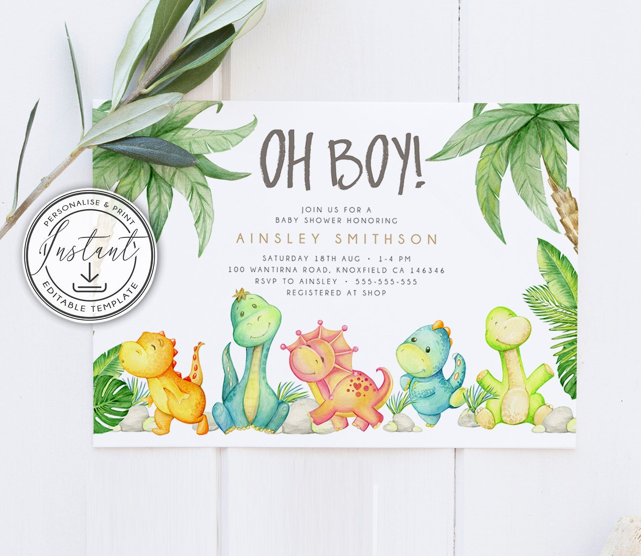 Oh Boy Dinosaur Baby Shower Invitation Editable Template, Instant within Free Printable Dinosaur Baby Shower Invitations