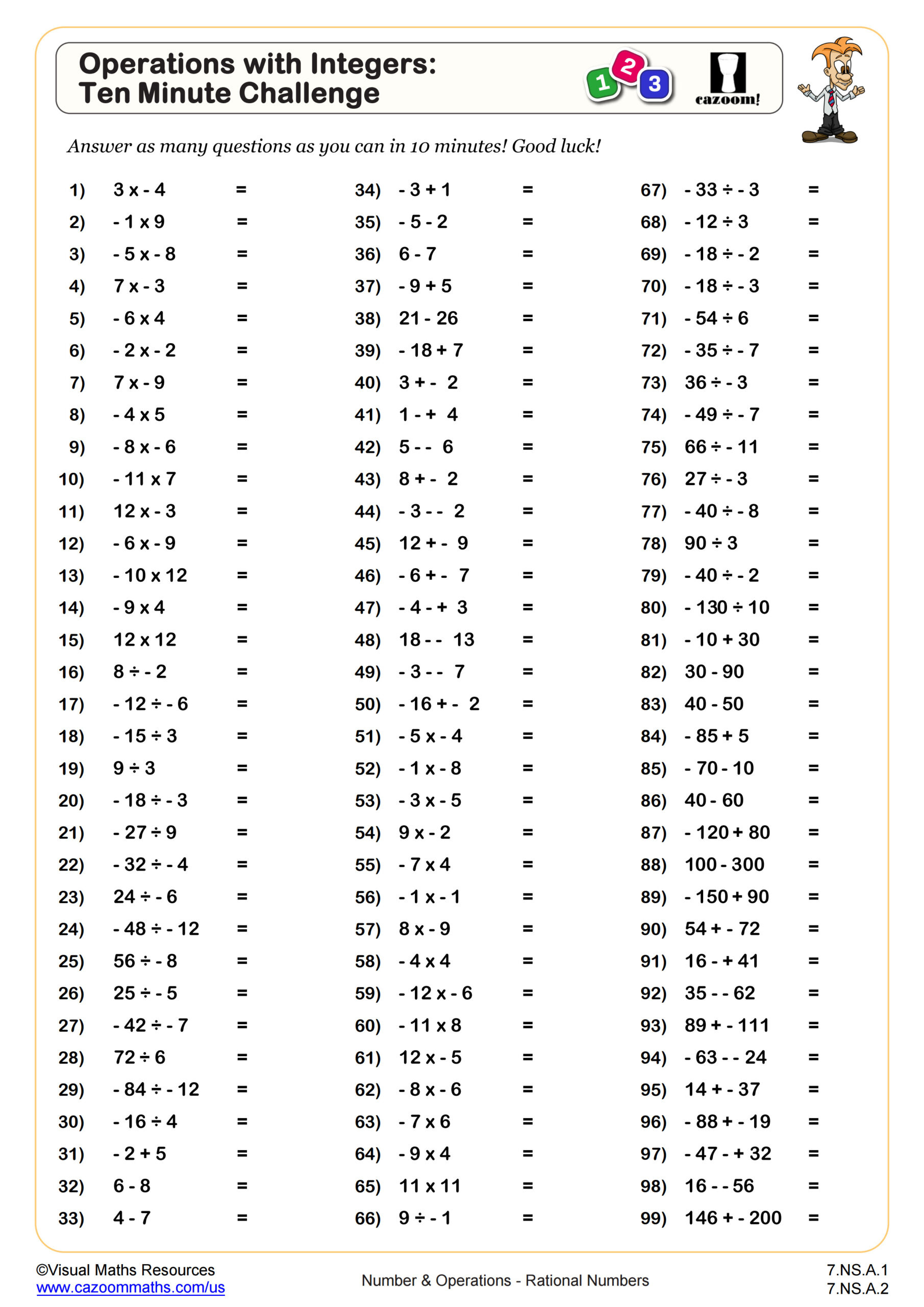 Operations With Integers Ten Minute Challenge Worksheet | Pdf inside Free Printable Integer Worksheets Grade 7