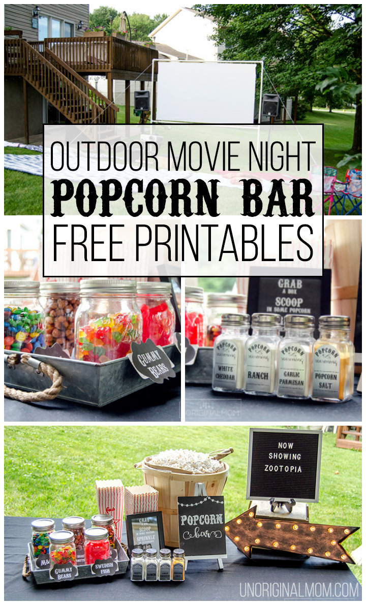 Outdoor Movie Night Popcorn Bar With Free Printables - Unoriginal Mom within Popcorn Bar Sign Printable Free