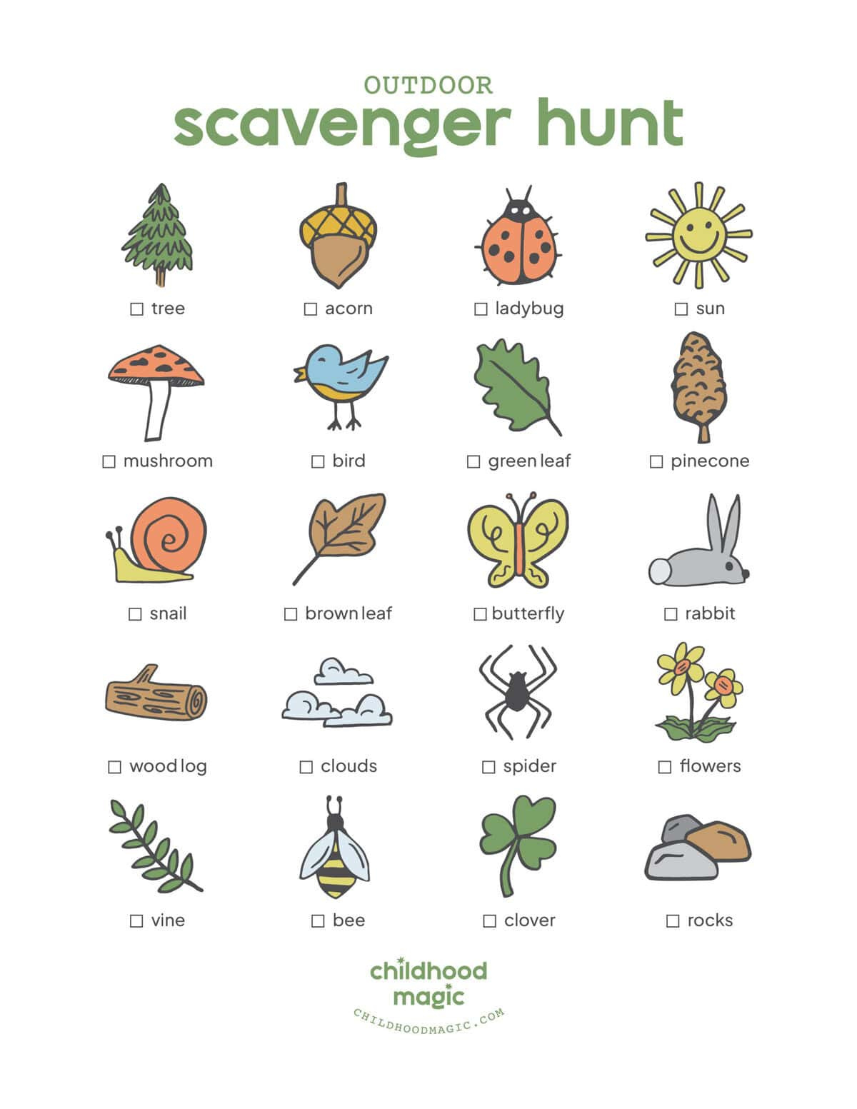 Outdoor Scavenger Hunt (Free Printable!) - Childhood Magic regarding Free Printable Scavenger Hunt