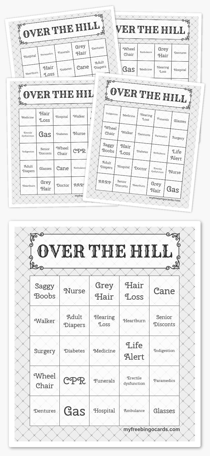 Over The Hill Bingo | Free Printable Bingo Cards, Bingo Cards intended for Over The Hill Games Free Printable