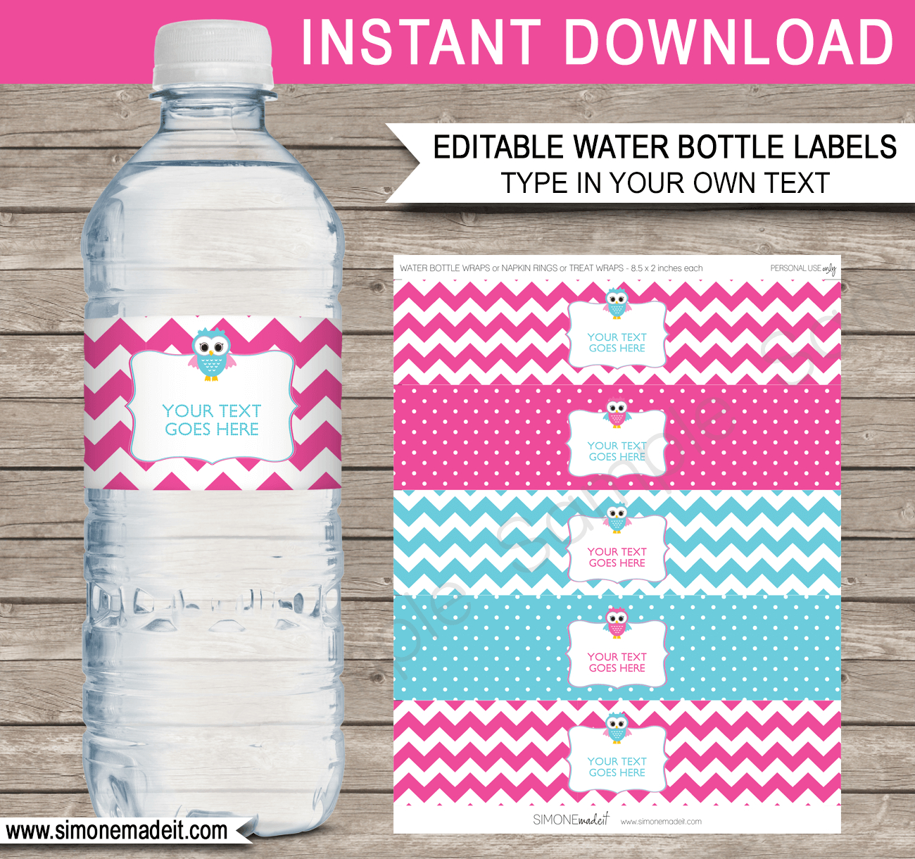 Owl Party Water Bottle Labels Template - Pink pertaining to Free Printable Baby Shower Labels For Bottled Water