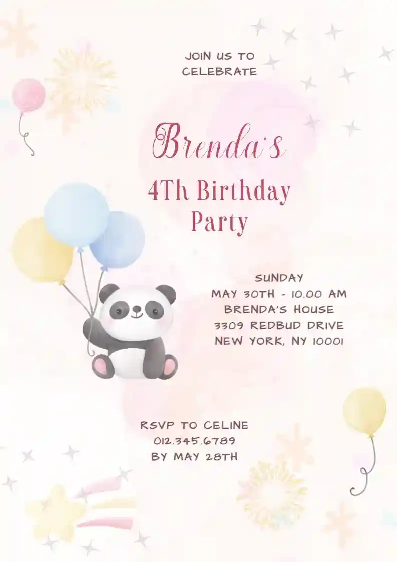 Panda With Balloon - Free Kids Birthday Invitation Templates within Panda Bear Invitations Free Printable
