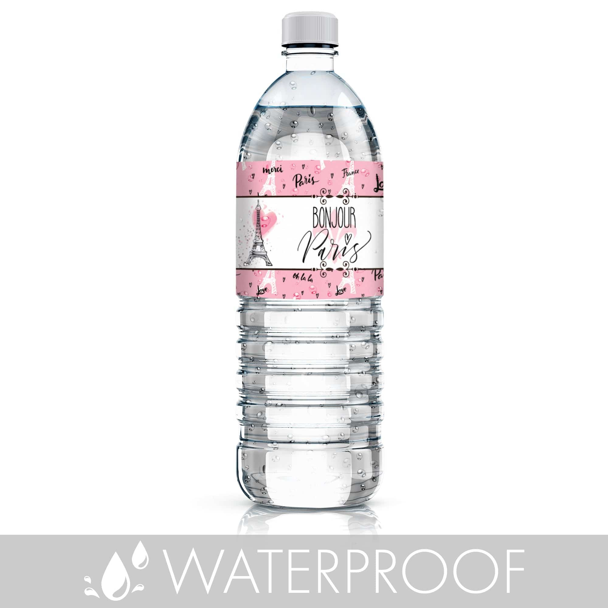 Paris In Pink: Kids Birthday - Water Bottle Labels - 24 Waterproof with Free Printable Paris Water Bottle Labels