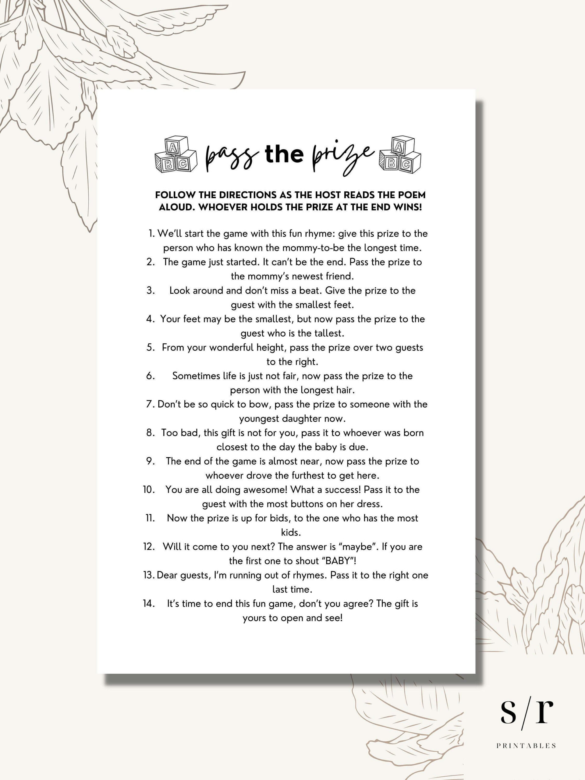 Pass The Prize Poem Game, Printable Baby Shower Games, Minimalist regarding Pass The Prize Baby Shower Game Free Printable