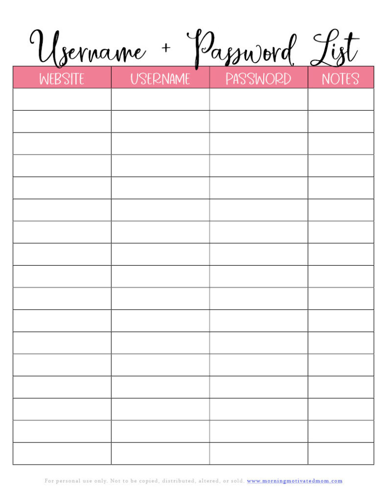 Password Keeper Printable – Morning Motivated Mom intended for Free Printable Password List