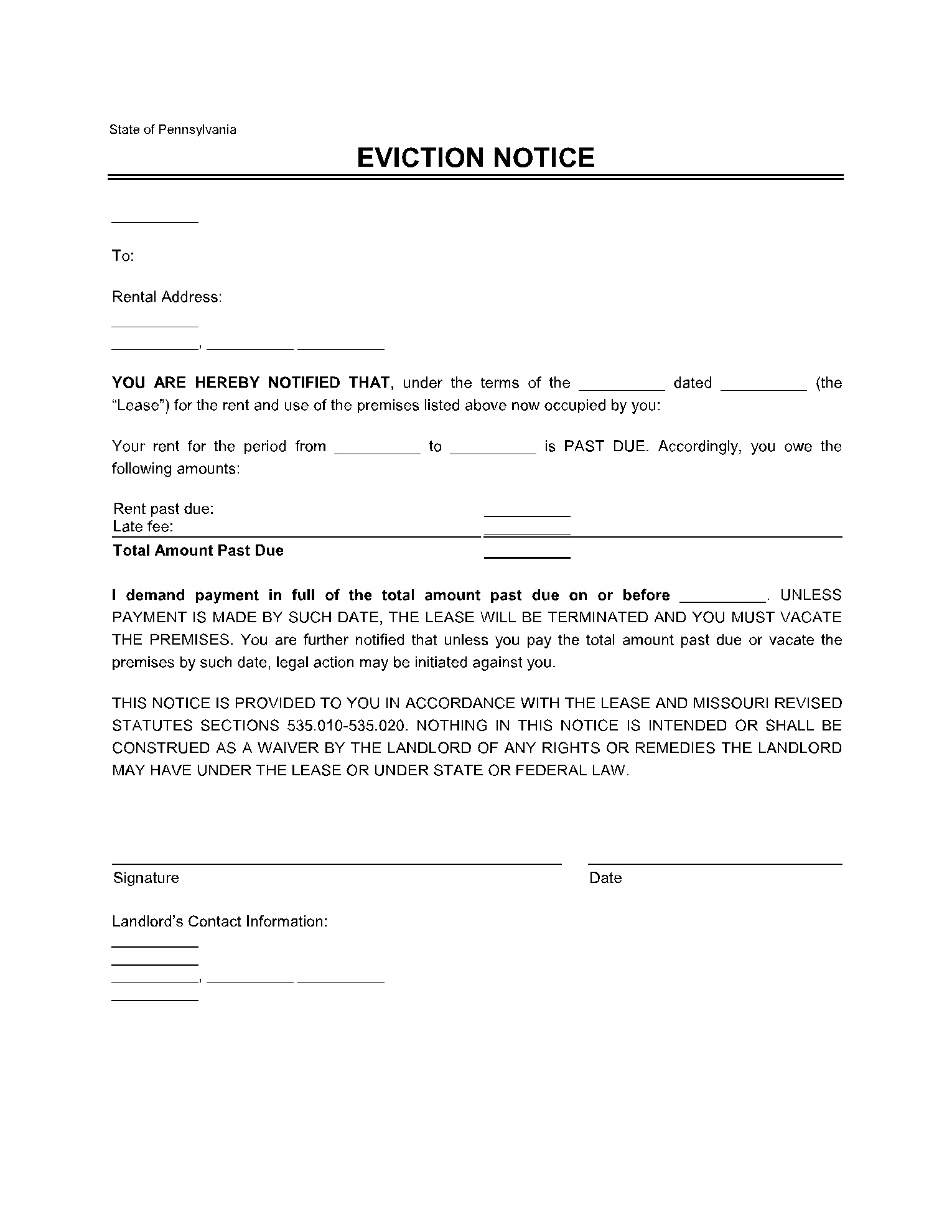 Pennsylvania Eviction Notice Form (Free Template) | Cocosign pertaining to Free Printable Eviction Notice Pa