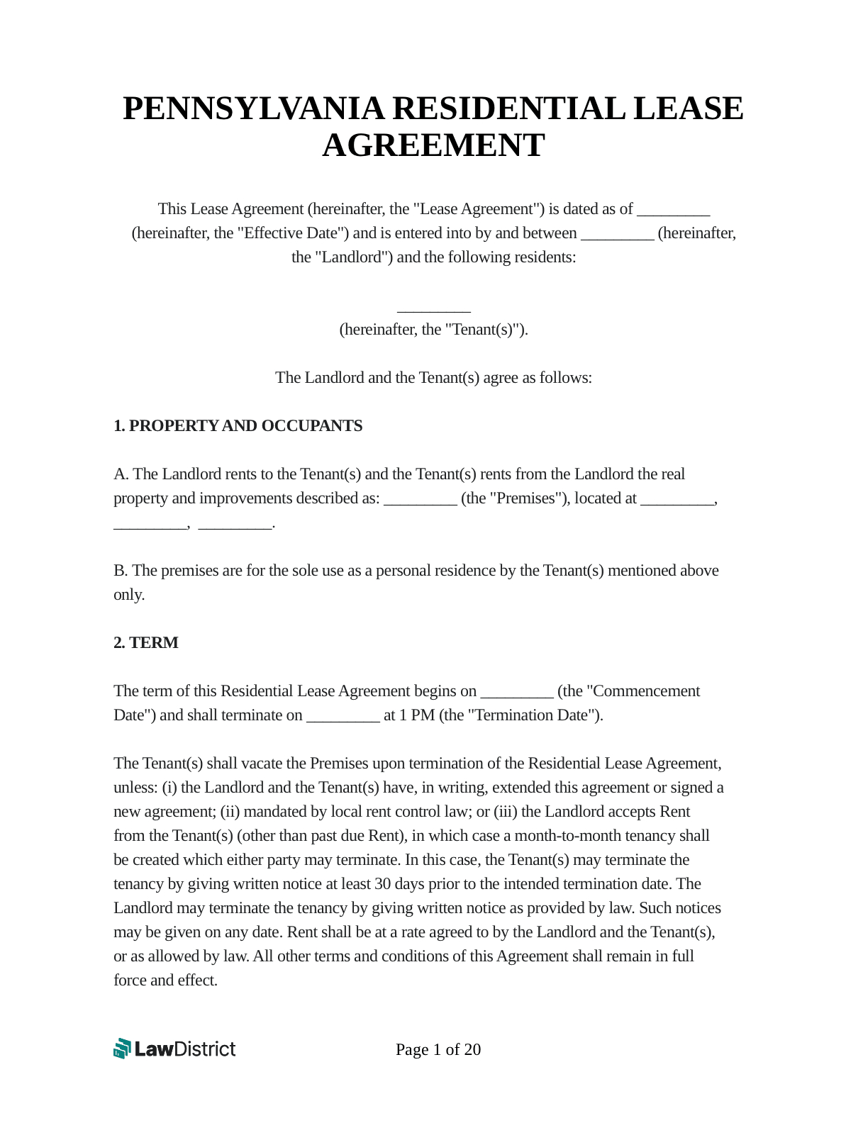 Pennsylvania Lease Agreement | Pdf Form | Lawdistrict throughout Free Printable Lease Agreement Pa