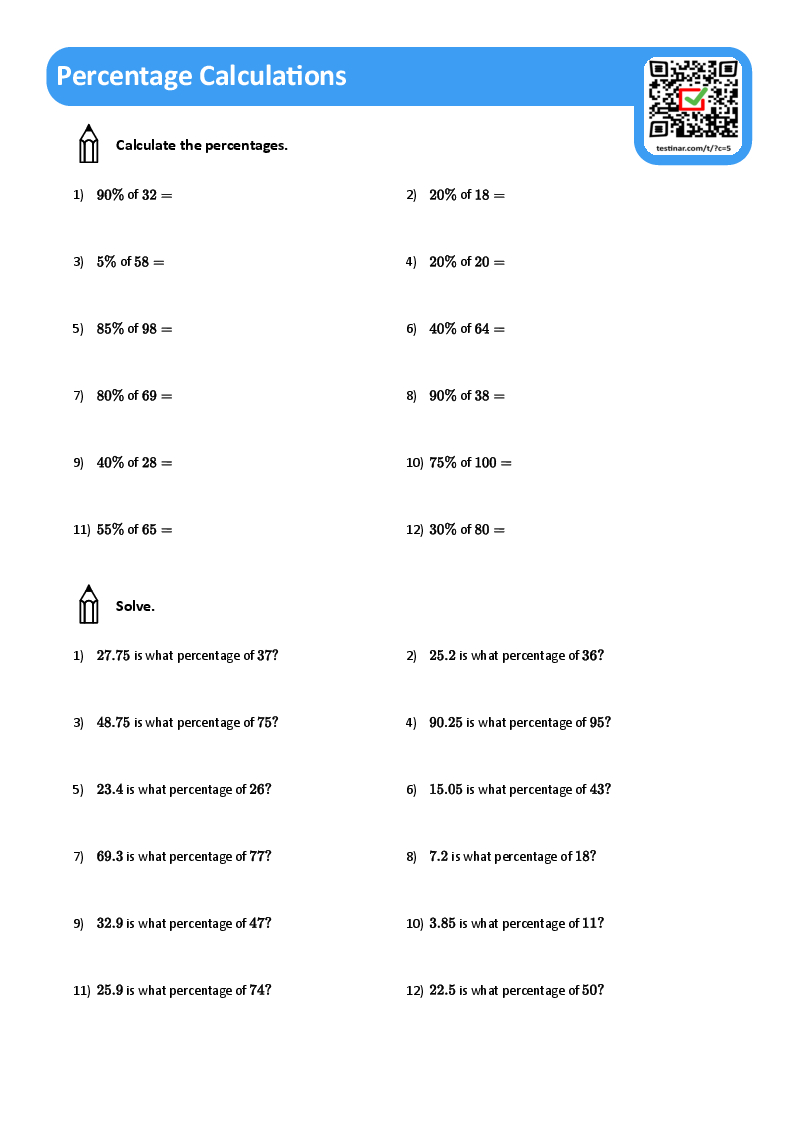 Percentage Calculations Worksheets with Free Printable Asvab Math Practice Test