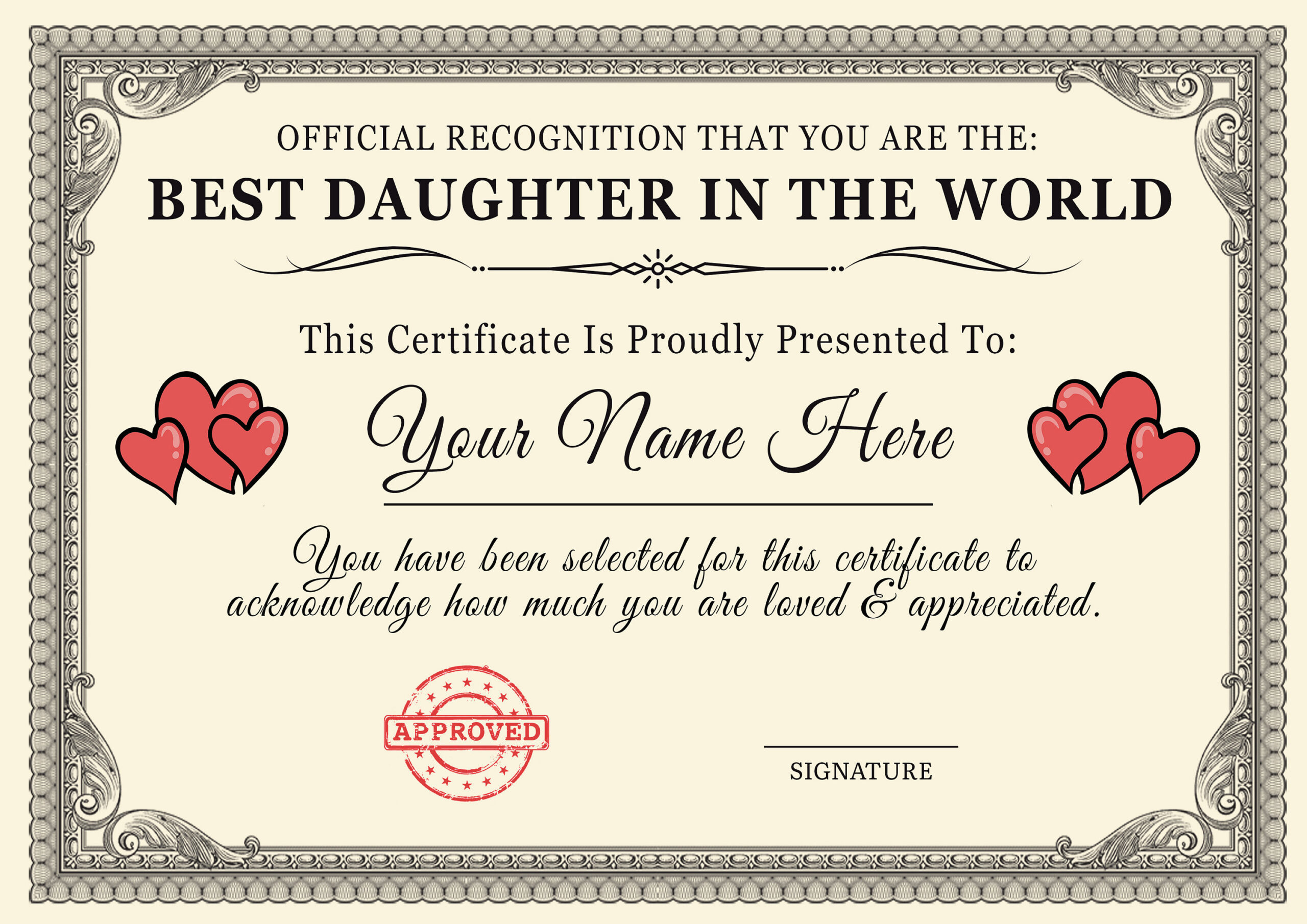 Personalised &amp;#039;Best Daughter In The World&amp;#039; Certificates Gift | A4 regarding Free Printable Best Daughter Certificate