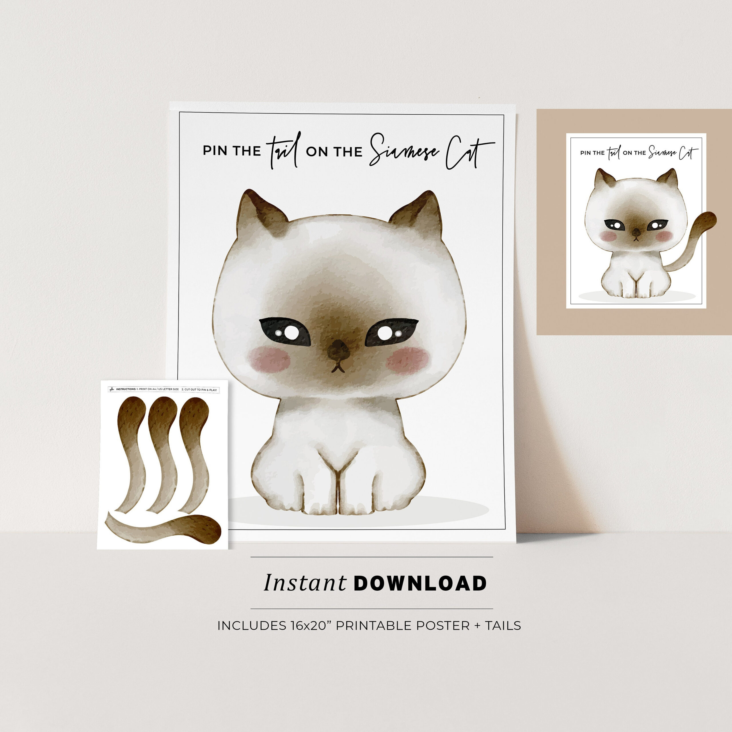 Pin The Tail On The Siamese Cat Kids Party Game Printable Poster within Free Printable Pin The Tail On The Cat