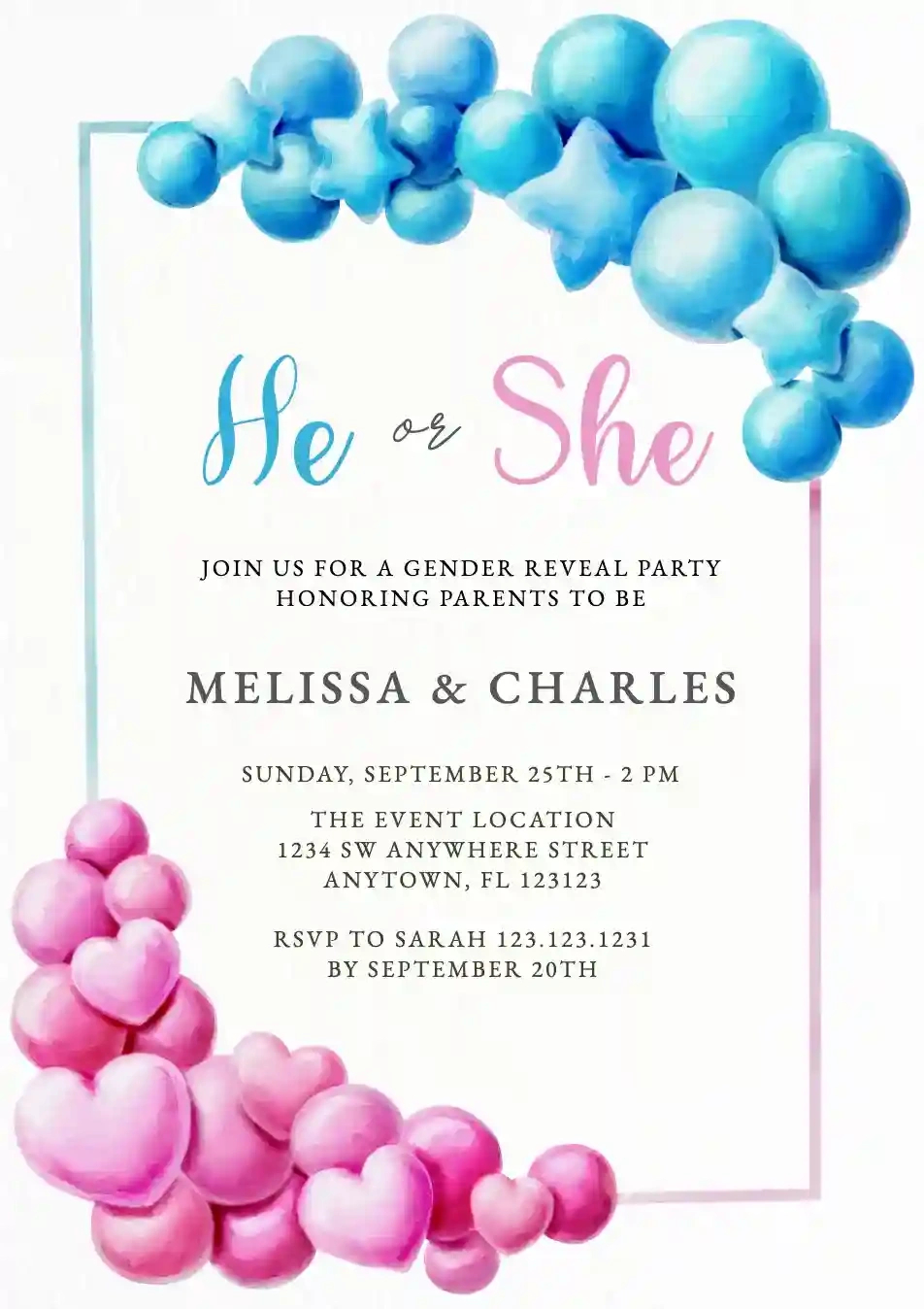Pink And Blue Balloon Frame - Free Gender Reveal Invitation for Free Printable Gender Reveal Invitations