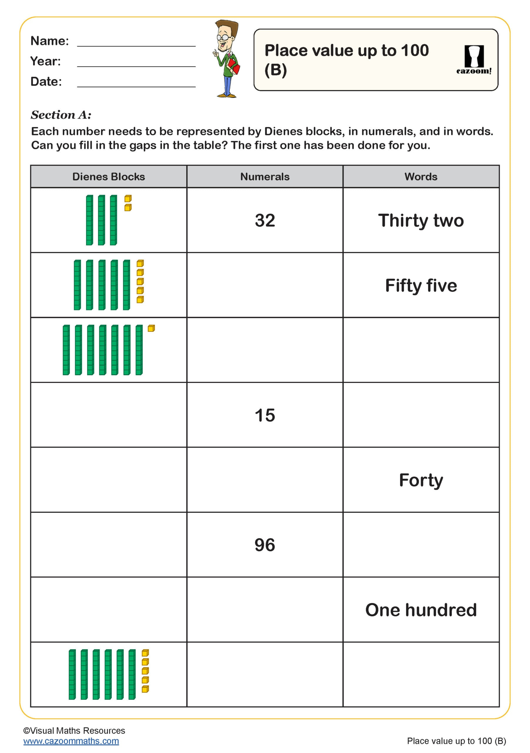 Place Value Up To 100 (B) Worksheet | Key Stage 1 Pdf Number for Free Printable Place Value Worksheets