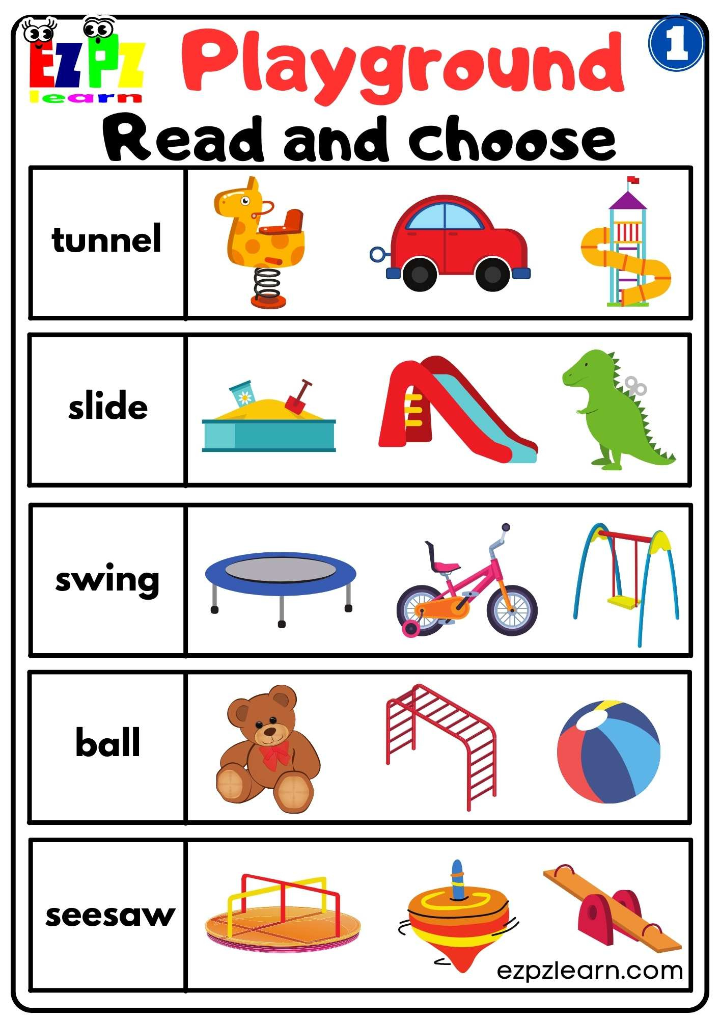 Playground 1 Read And Choose Worksheet For Kindergarten And Esl for Free Printable Esl Resources
