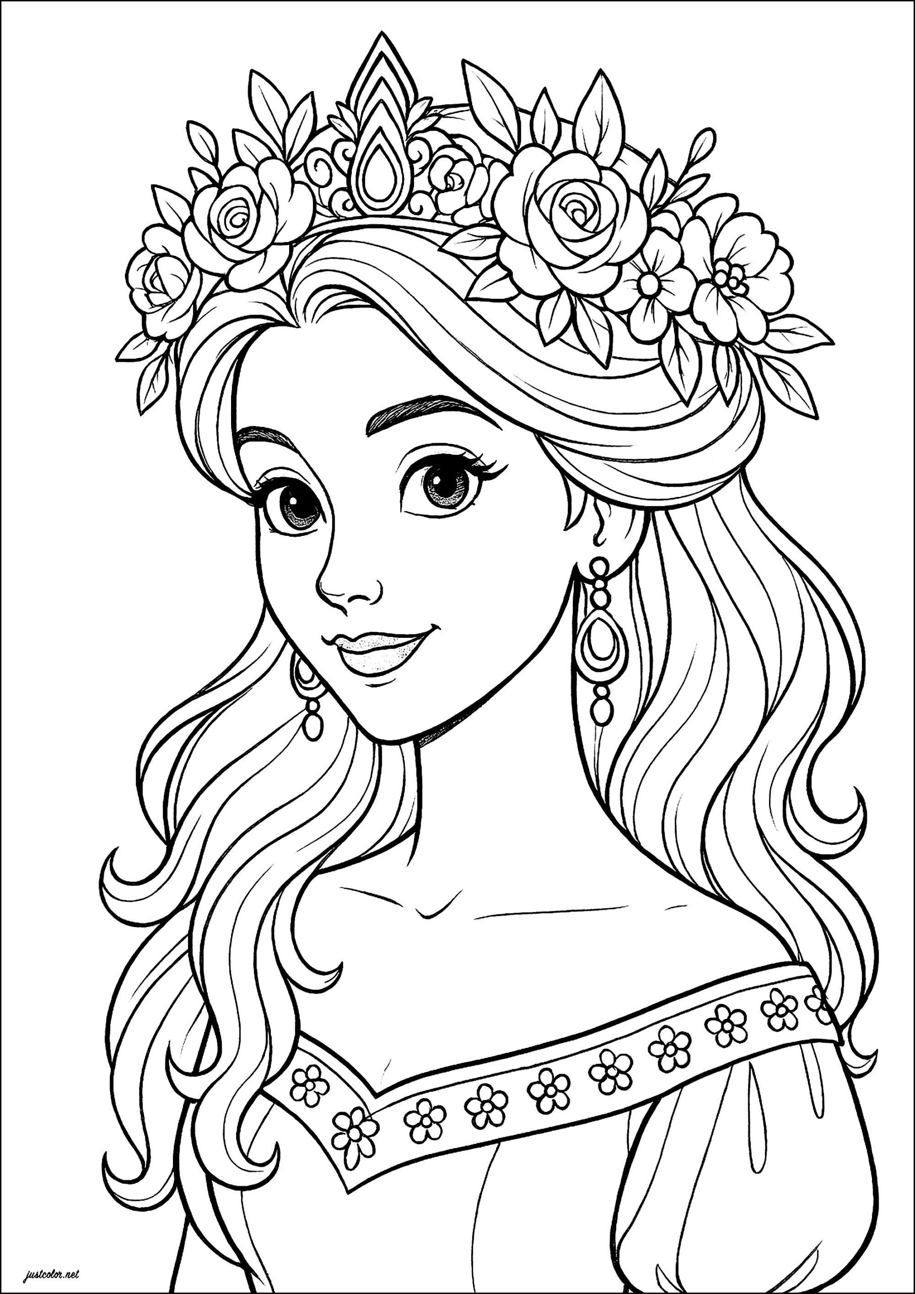 Pretty Princess With Flower Crown - Princess Coloring Pages inside Free Printable Princess Coloring Pages