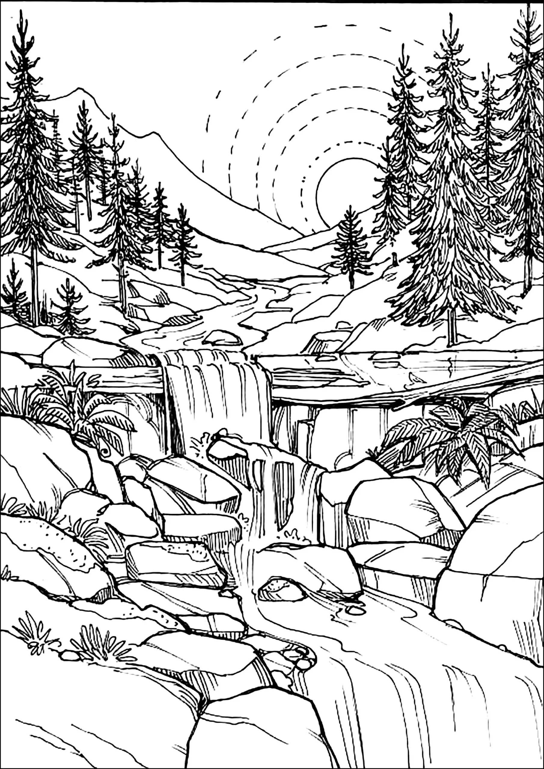 Pretty Waterfall In The Forest - Landscape Coloring Pages intended for Free Printable Waterfall Coloring Pages
