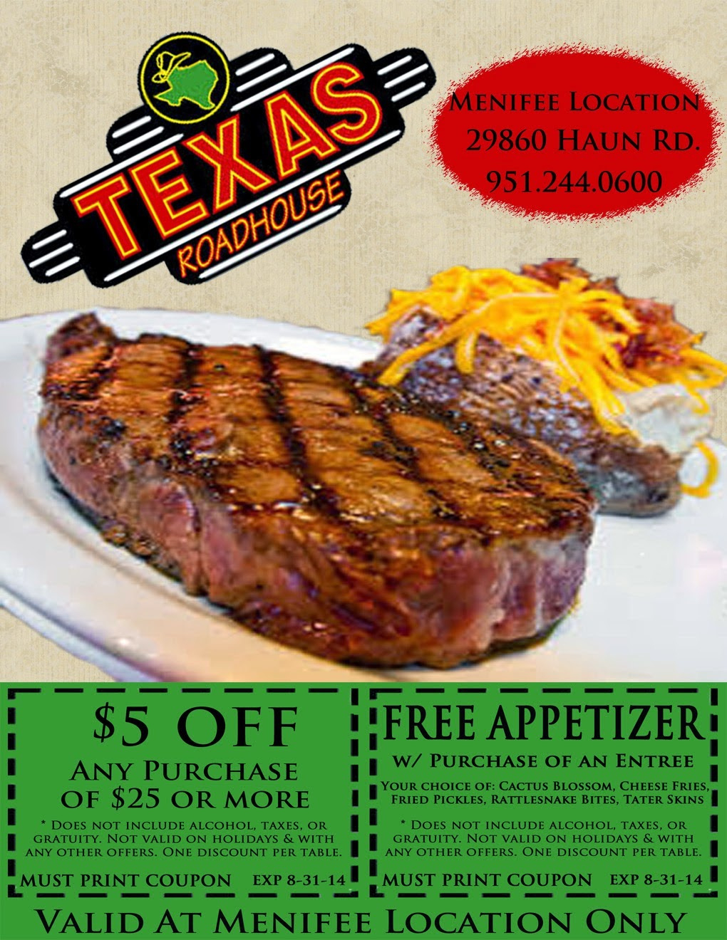 Print, Take This Coupon To Texas Roadhouse For Discounts | Menifee throughout Texas Roadhouse Free Appetizer Printable Coupon 2015