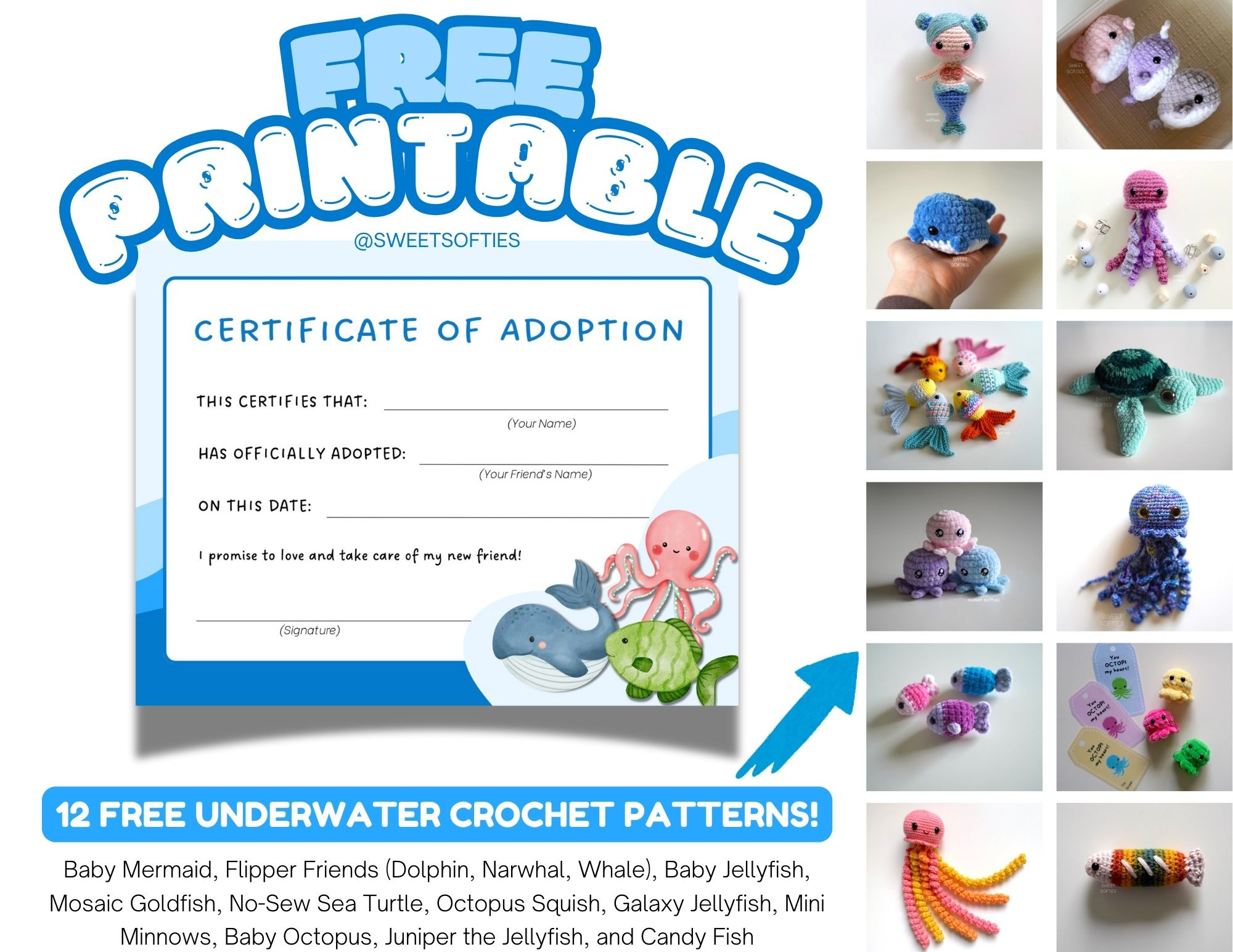 Printable Amigurumi Adoption Certificate + Free Crochet Sea Animal for Free Printable Stuffed Animal Adoption Certificate