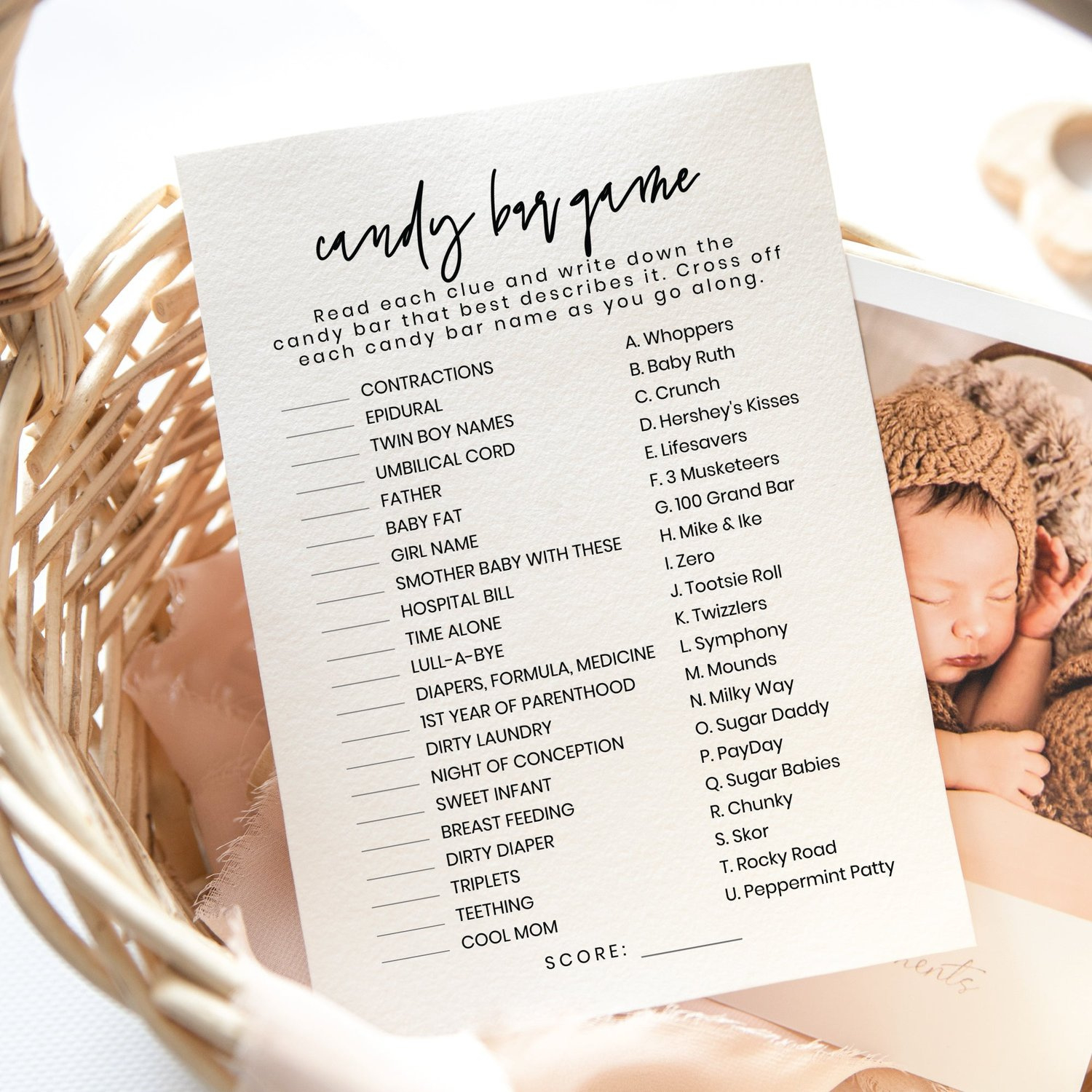 Printable Baby Shower Candy Bar Game - Minimalist Theme in Candy Bar Baby Shower Game Free Printable