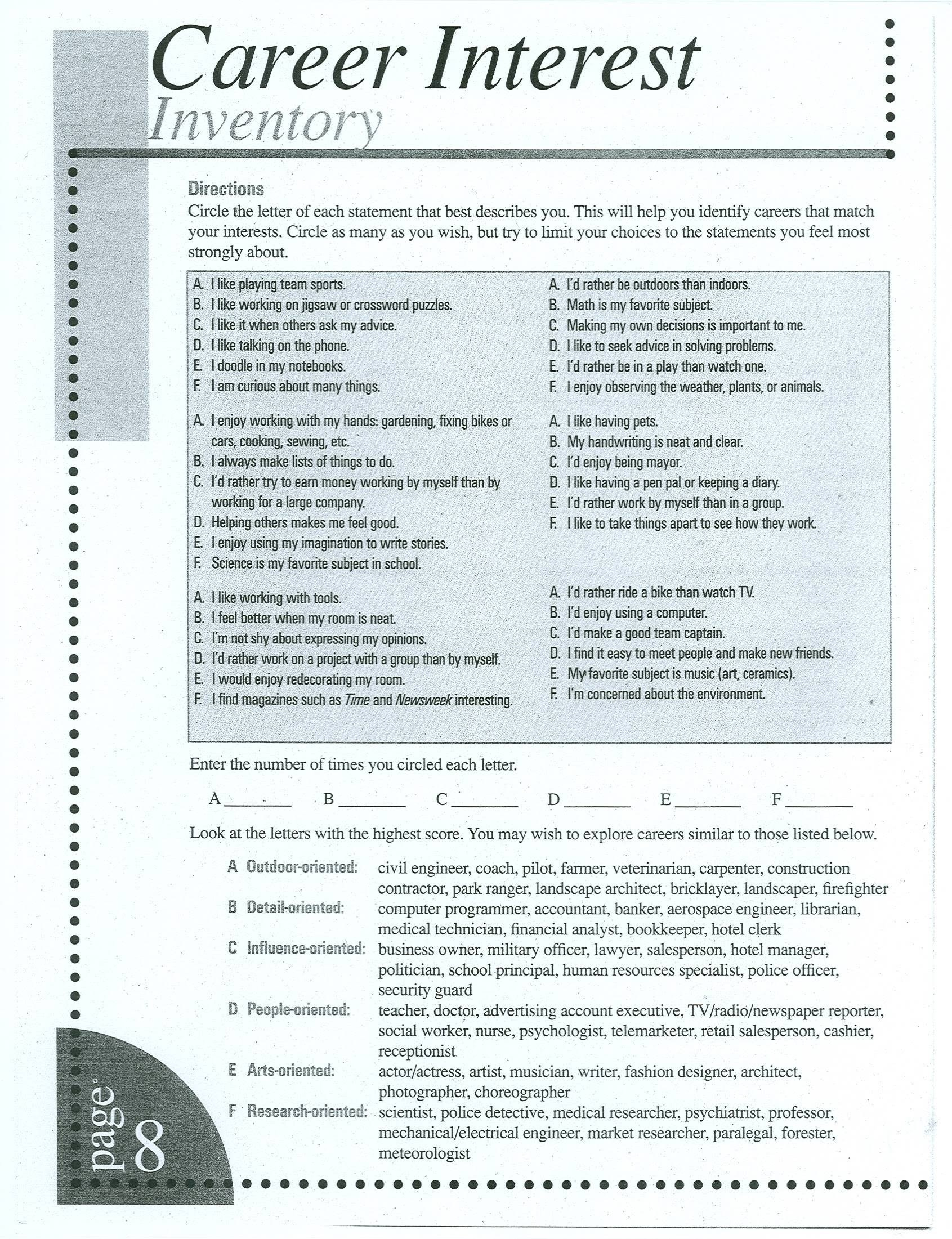 Printable Career Interest Inventory - Printable within Printable Career Interest Survey For High School Students Free