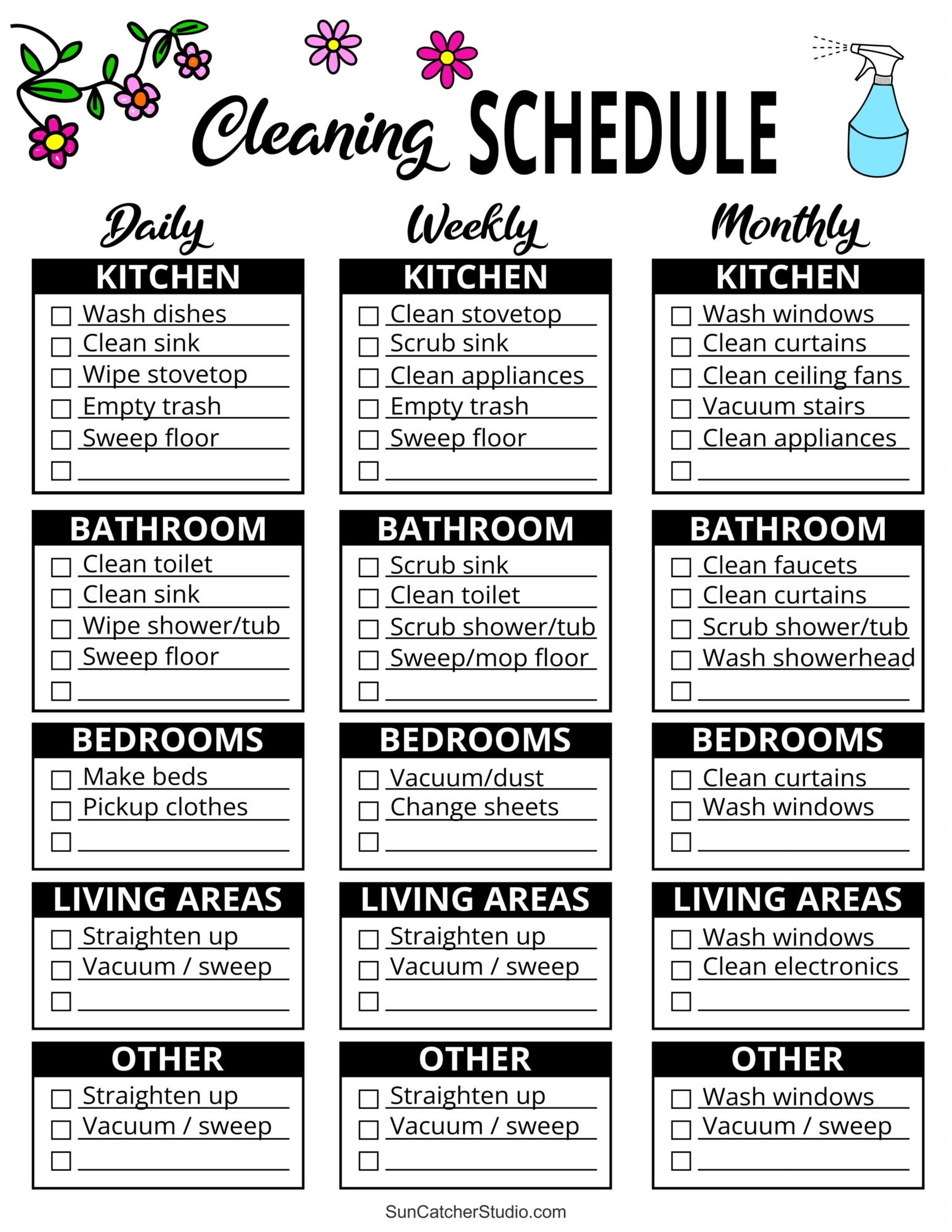 Printable Cleaning Schedule (Spring, Daily, &amp;amp; Weekly Checklists in Free Printable Cleaning Schedule