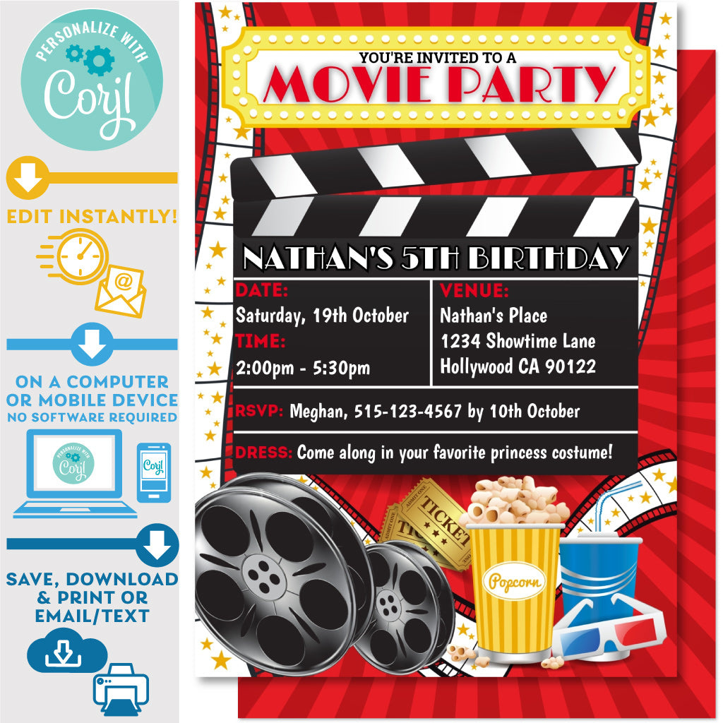 Printable Hollywood Movie Party Supplies | Movie Theme Party pertaining to Free Printable Movie Themed Invitations