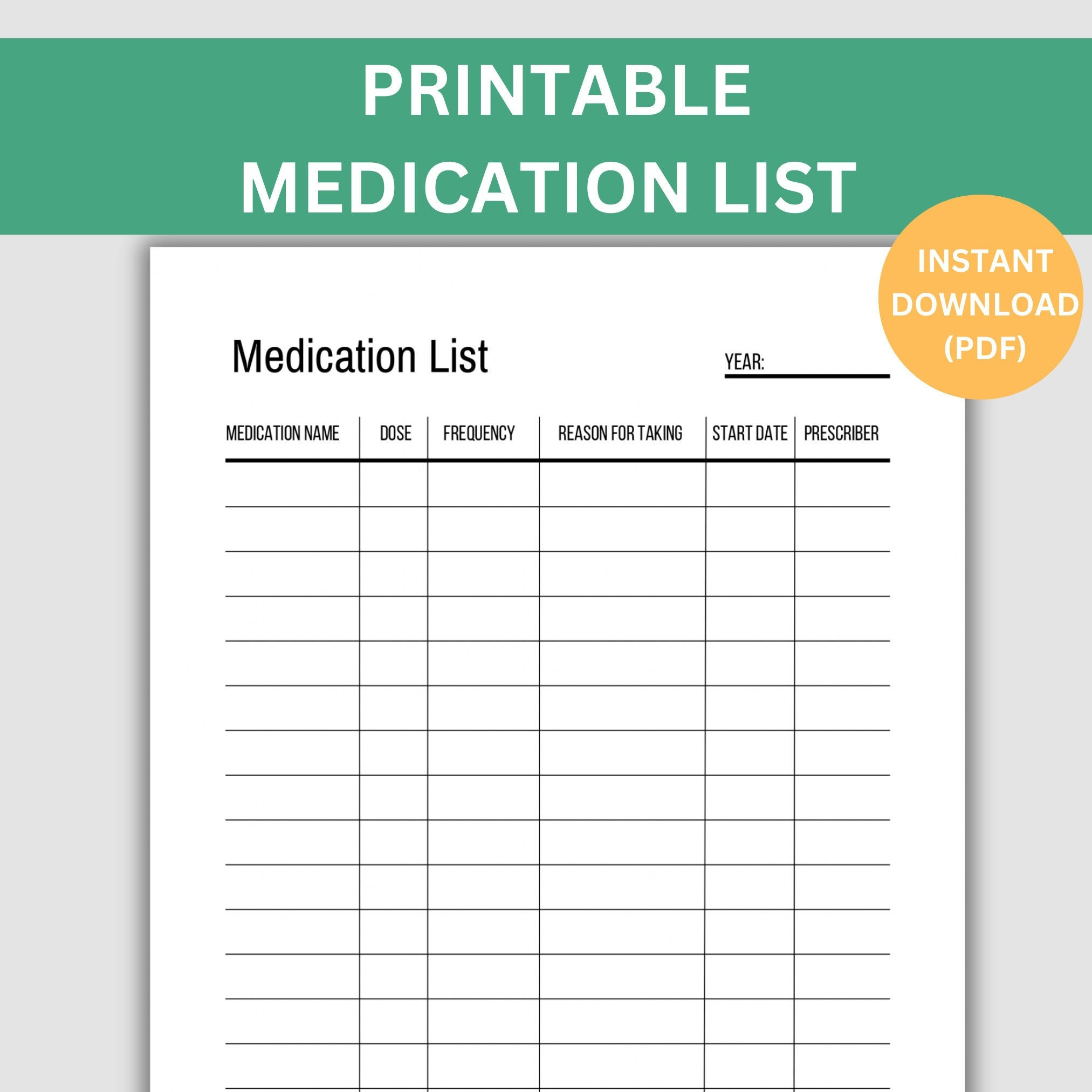Printable Medication List Template, Track Medications, Instant in Free Printable Medication List Template