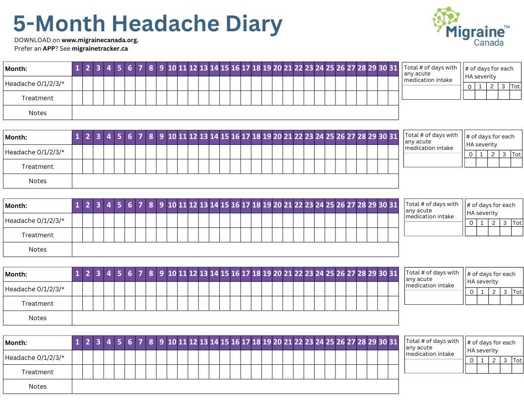 Printable Migraine Diary Templates - Migraine Canada in Free Printable Headache Diary