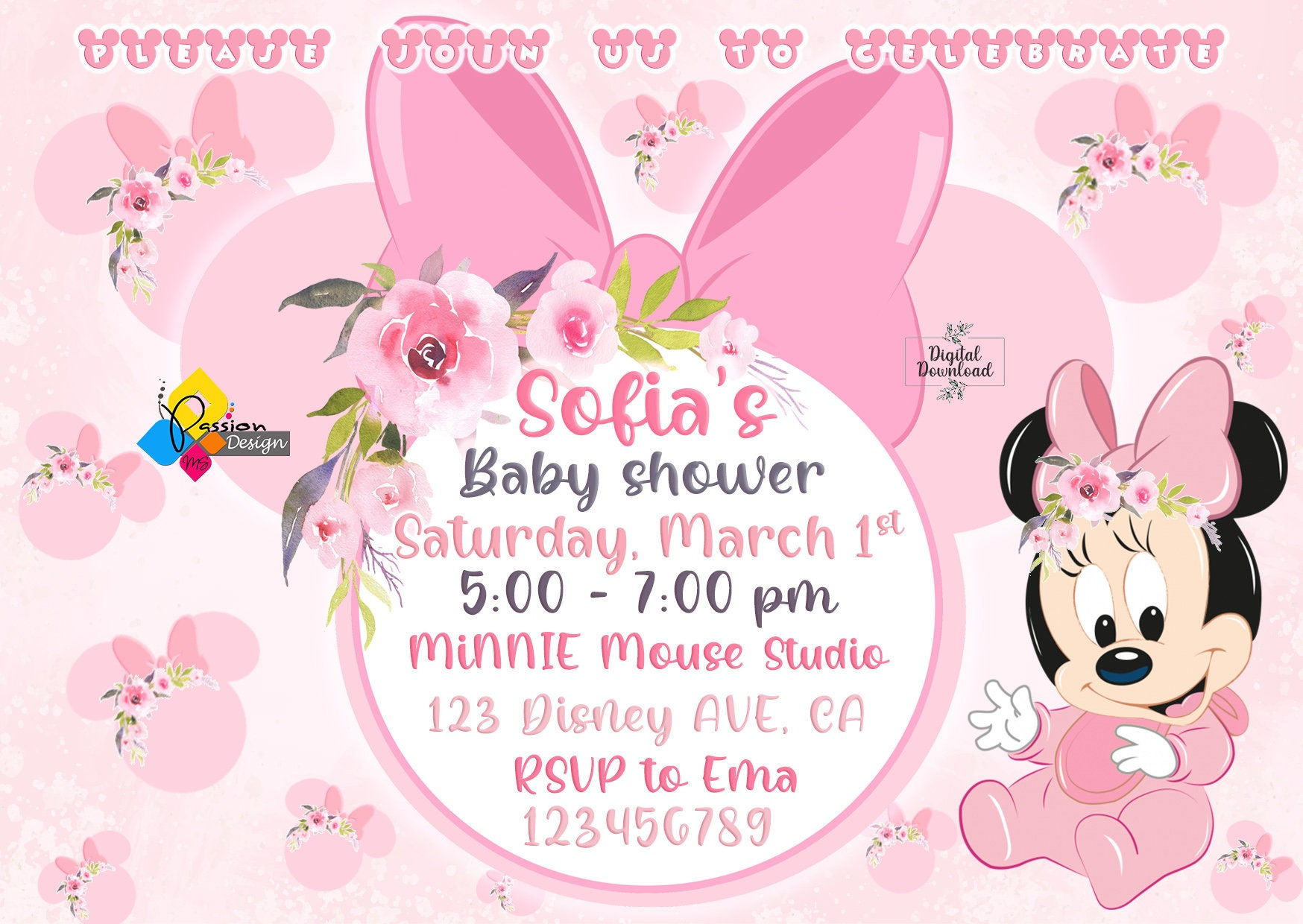 Printable Minnie Mouse Baby Shower Floral Invitation. Custom Pink with Free Printable Minnie Mouse Baby Shower Invitations