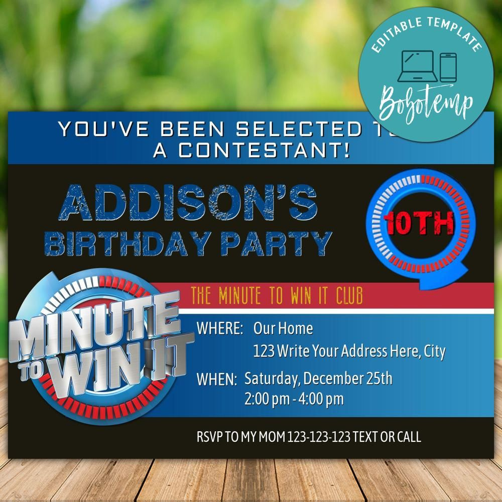 Printable Minute To Win It Birthday Party Invitation Diy | Bobotemp throughout Free Printable Minute To Win It Invitations