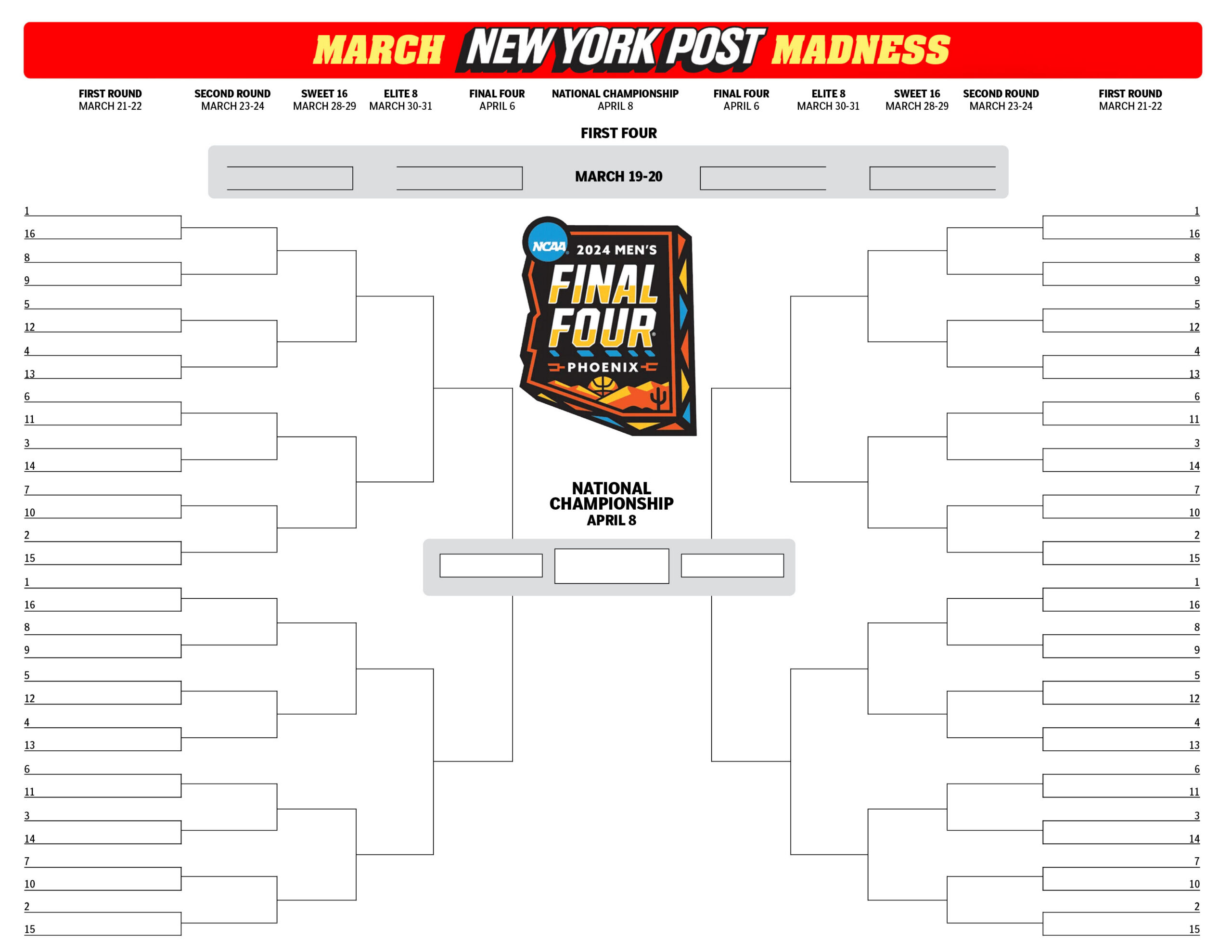 Printable Ncaa Bracket: Full 2024 March Madness Field inside Free Printable Brackets Ncaa Basketball