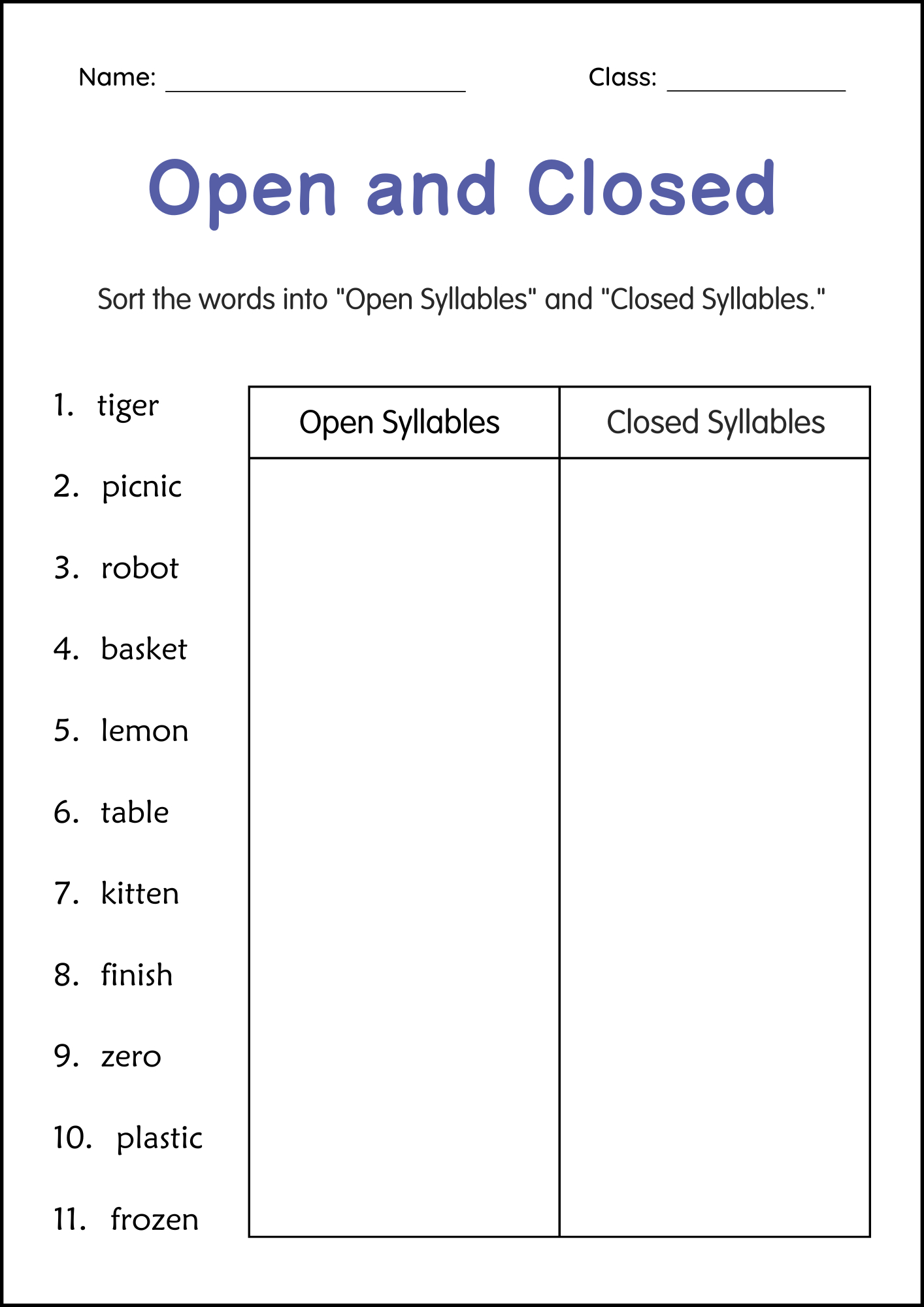 Printable Open And Closed Syllables Grammar Worksheets For Grade 1 with regard to Free Printable Open And Closed Syllable Worksheets