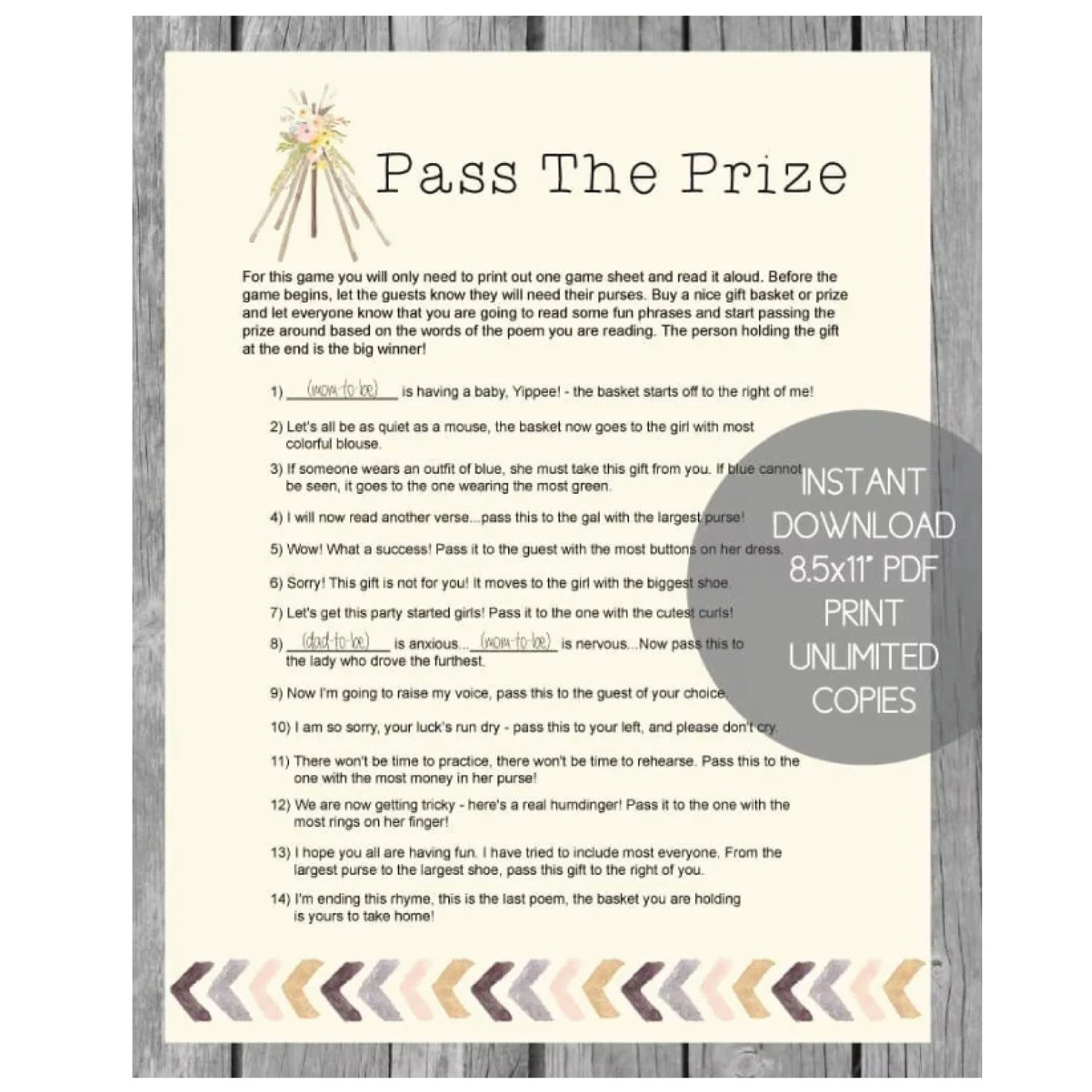 Printable Pass The Prize Baby Shower Game - Boho Tribal Tee Pee Theme with regard to Pass The Prize Baby Shower Game Free Printable