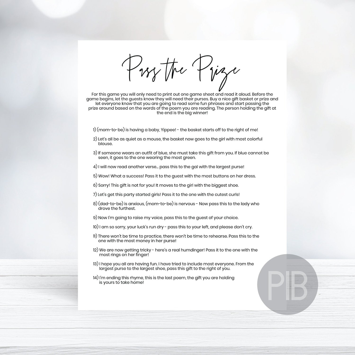 Printable Pass The Prize Baby Shower Game Minimalist Theme throughout Pass The Prize Baby Shower Game Free Printable