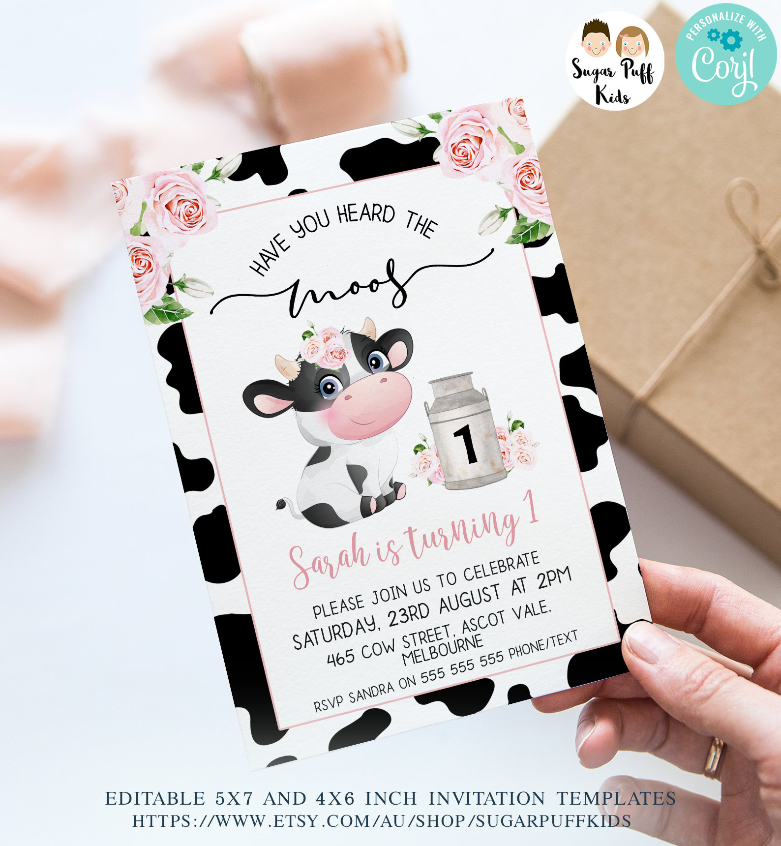 Printable Pink Floral Cow Print Birthday Invite, Editable Black with regard to Free Printable Cow Birthday Invitations
