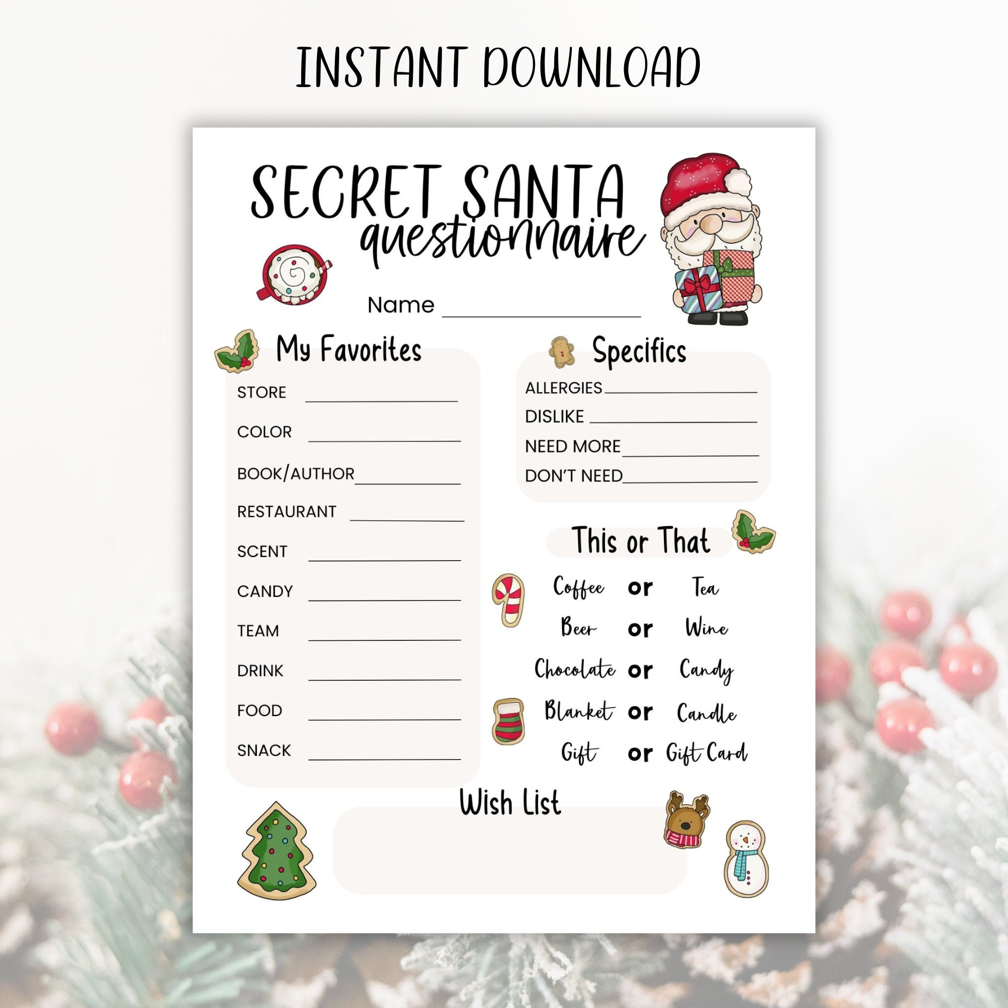 Printable Secret Santa Questionnaire, Christmas Holiday Gift throughout Free Printable Secret Pal Forms