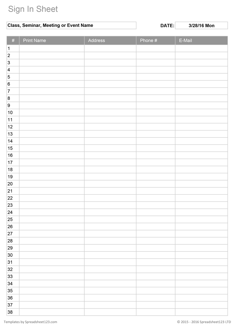 Printable Sign In Worksheets And Forms For Excel, Word And Pdf for Free Printable Sign In Sheet Template