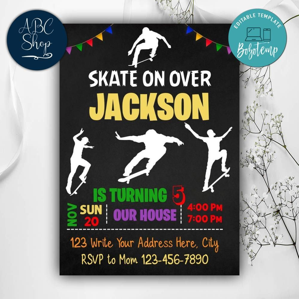Printable Skateboard Birthday Invitation Instant Download | Bobotemp intended for Free Printable Skateboard Birthday Party Invitations