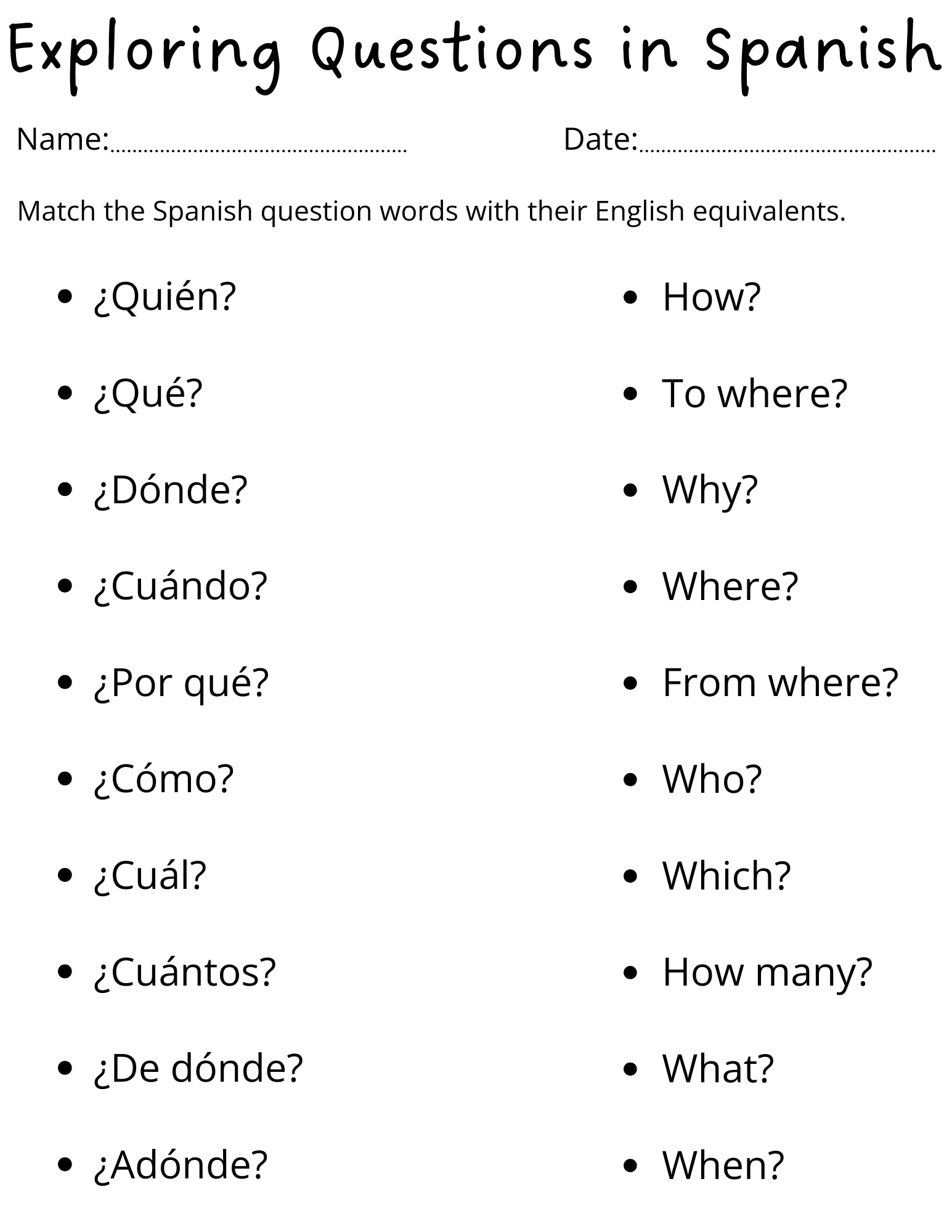 Printable Spanish Question Words Worksheet For Kids | Teaching within Free Printable Elementary Spanish Worksheets