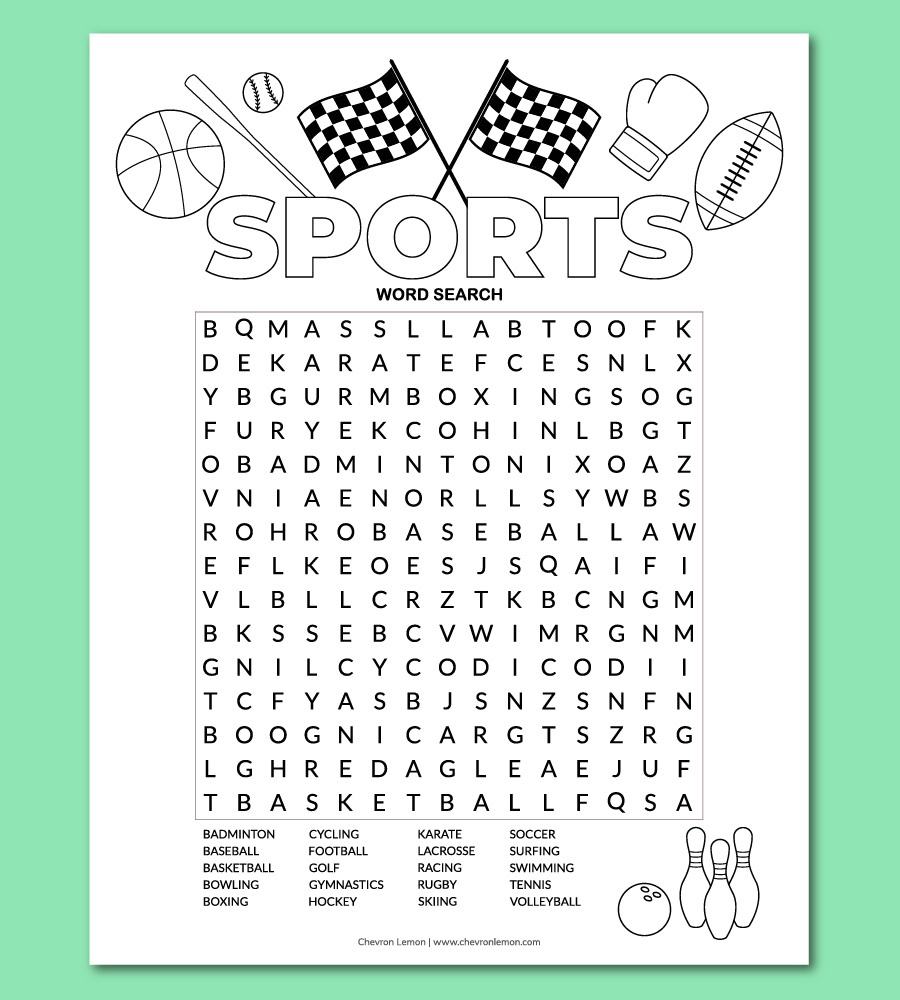 Printable Sports Word Search Puzzle - Chevron Lemon with Free Printable Word Searches For Kids