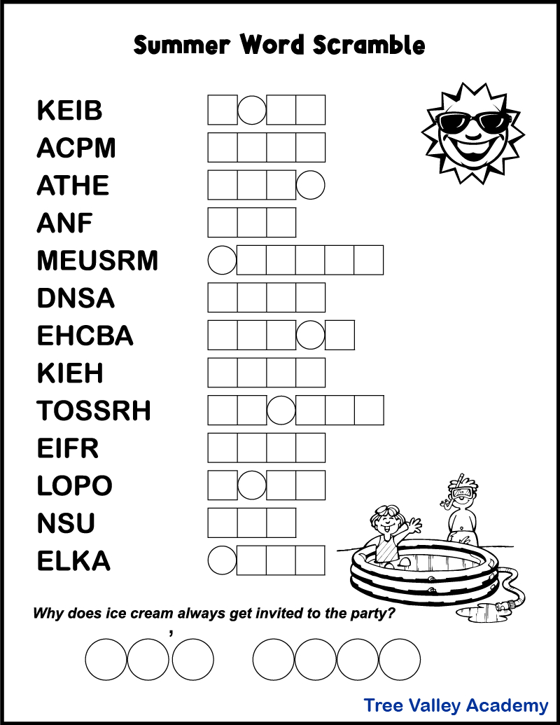 Printable Summer Word Scrambles For Kids - Tree Valley Academy regarding Free Printable Word Scramble Worksheets