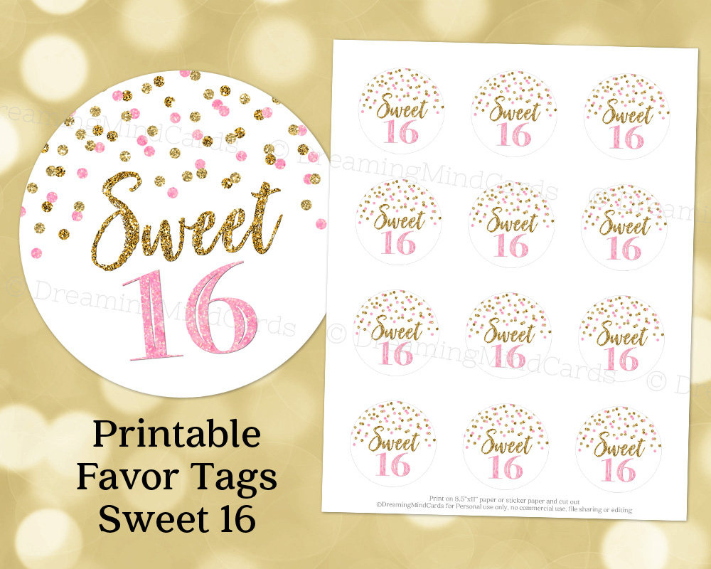 Printable Sweet 16 Birthday Party Round Tags Pink And Gold Confetti Instant  Digital Download Labels Stickers Or Tags with Free Printable Sweet 16 Labels
