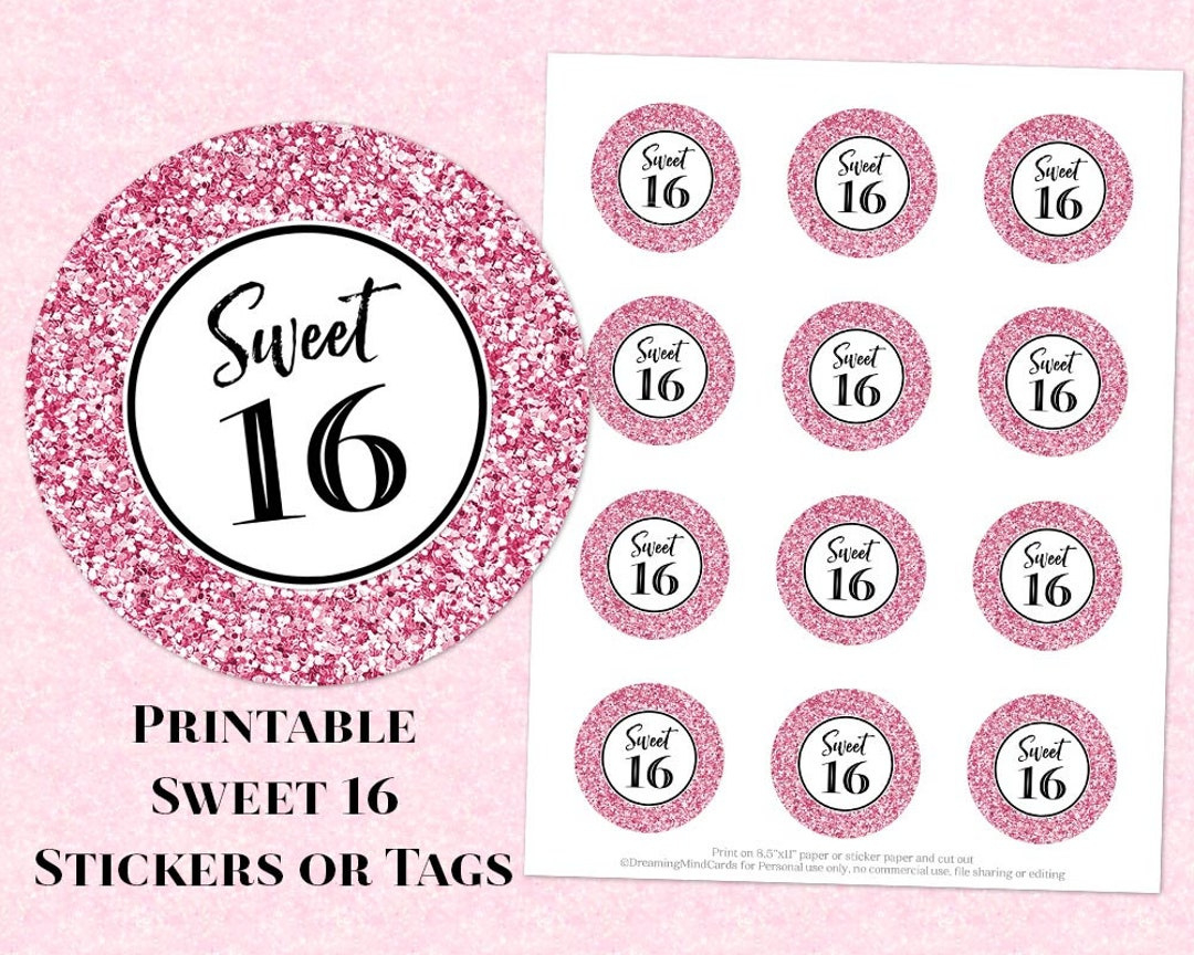 Printable Sweet 16 Birthday Party Round Tags Pink Glitter Instant for Free Printable Sweet 16 Labels