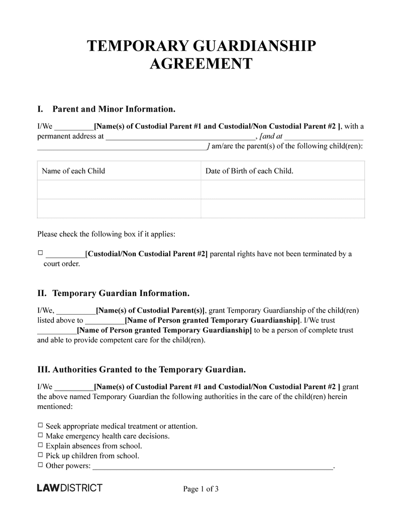 Printable Temporary Guardianship Form | Free Pdf &amp;amp; Word | Lawdistrict intended for Free Printable Legal Guardianship Forms