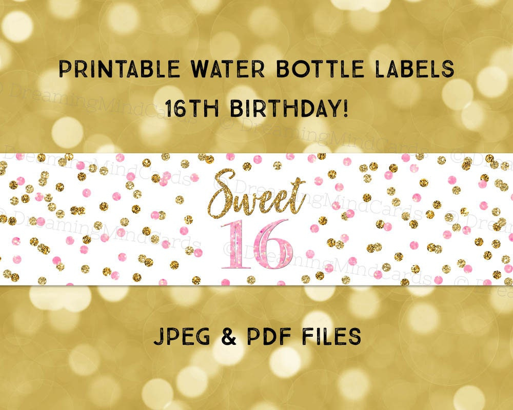Printable Water Bottle Labels Sweet 16 Birthday Party Pink Gold in Free Printable Sweet 16 Labels
