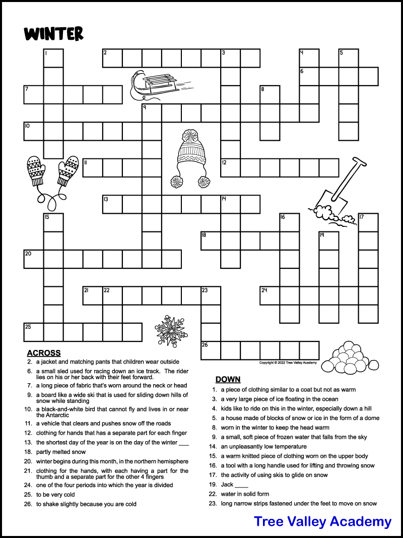 Printable Winter Crossword Puzzles For Kids - Tree Valley Academy in Free Printable Crosswords Medium