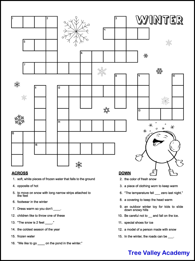 Printable Winter Crossword Puzzles For Kids - Tree Valley Academy pertaining to Free Easy Printable Crossword Puzzles For Kids
