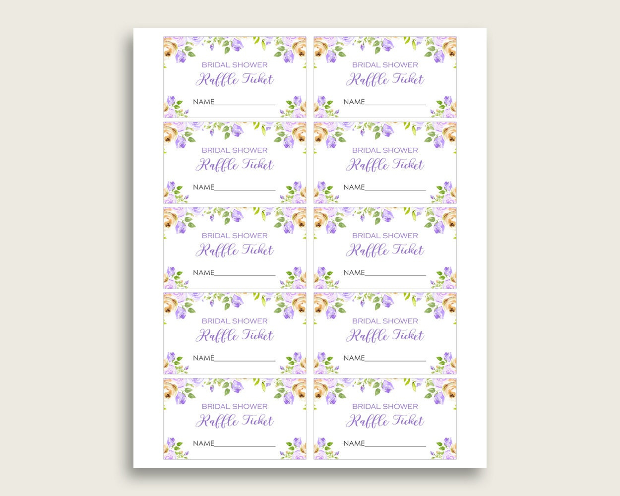 Purple Floral Bridal Shower Raffle Tickets, Purple Yellow Bridal pertaining to Free Printable Bridal Shower Raffle Tickets