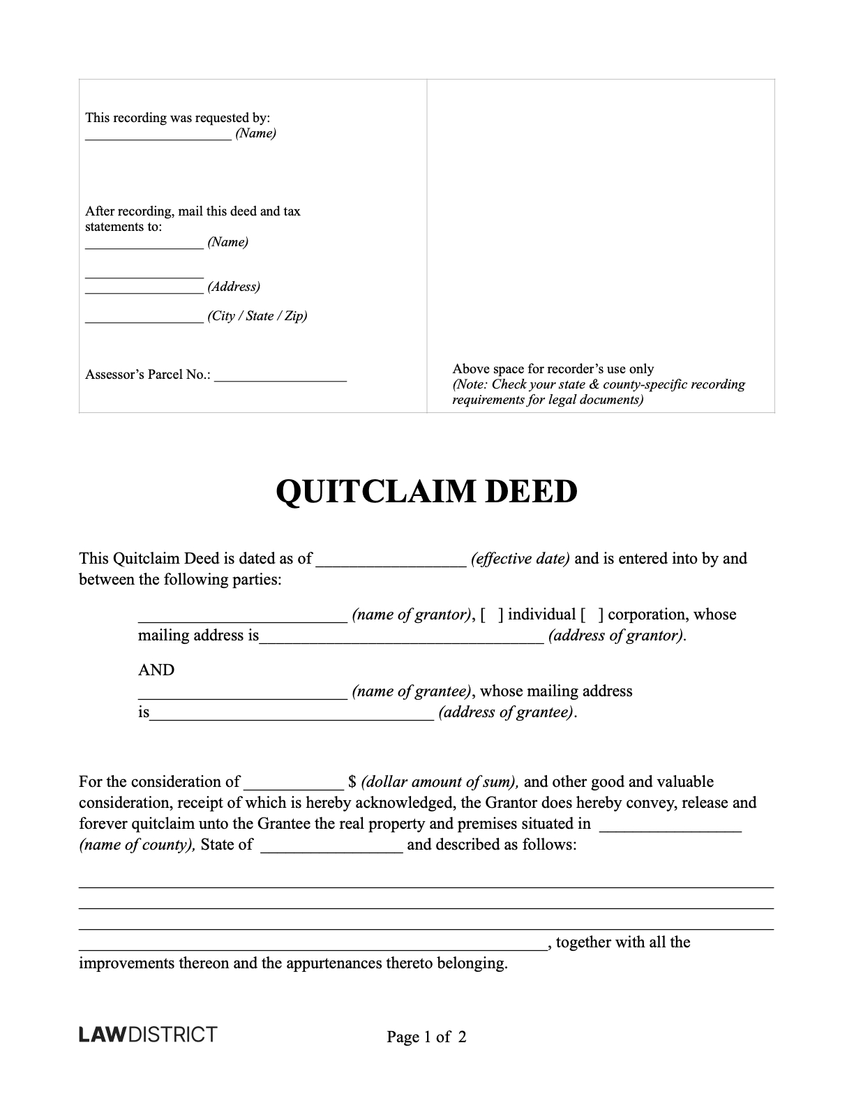 Quitclaim Deed For All Us States | Pdf & Sample | Lawdistrict pertaining to Free Printable Quit Claim Deed Form