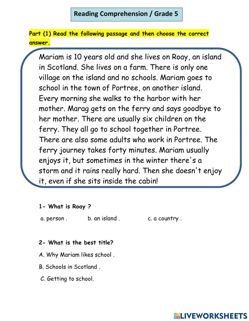 Reading Comprehension (1) - Grade 5 Online Exercise For | Live for Free Printable Comprehension Worksheets For Grade 5